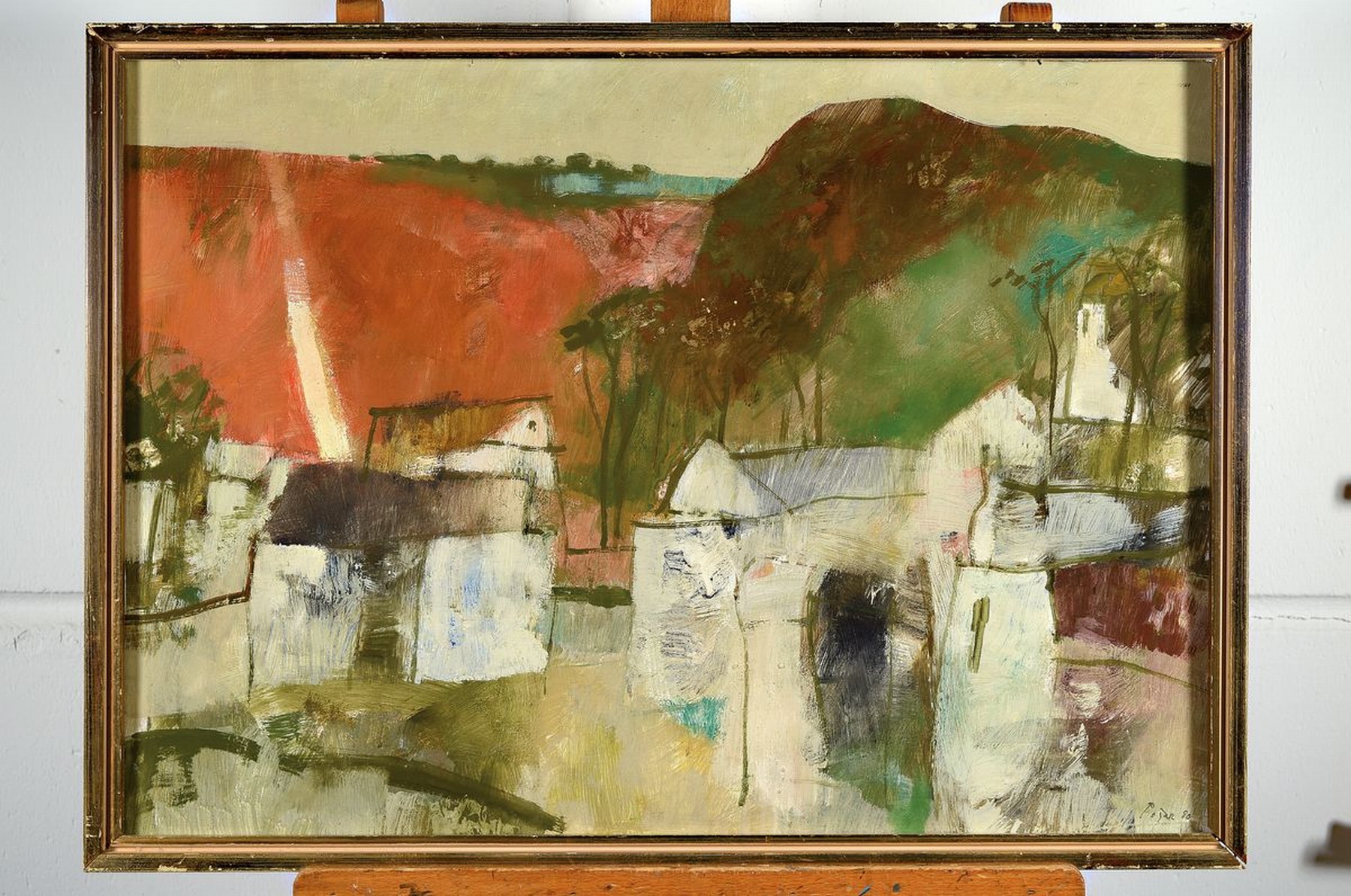 Detail k: Milos Posar, 1924-2007, Landschaft mit Häusern, Öl/Hartfaser, rechts unten signiert und dat. 80, ca. 50x70cm, R. ca. 54x74cm
