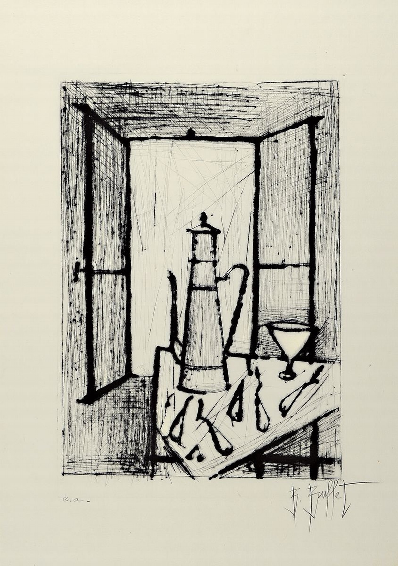 Bernard Buffet, 1928-1999, Stillleben mit geöffnetem Fenster, Kanne und Glas, Kaltnadelradierung, signiert und bez.: e.a., ca. 36.5x24.5cm, PP, ...