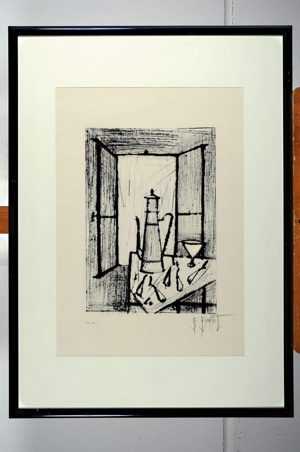 Detail k: Bernard Buffet, 1928-1999, Stillleben mit geöffnetem Fenster, Kanne und Glas, Kaltnadelradierung, signiert und bez.: e.a., ca. 36.5x24.5cm, PP, ...