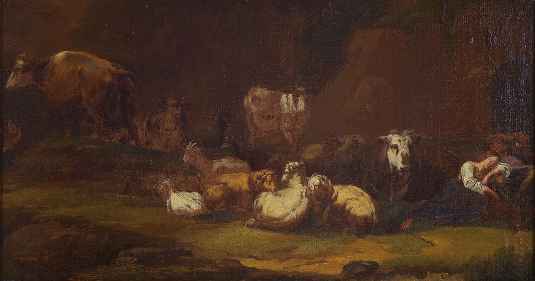 Detail a: Zuschreibung: Pieter van Bloemen, 1657-1720, 2 Pendants: Landschaft mit Kühen, Ziegen und Schafen, das Hütemädchen rechts ist an einen Felsen ...