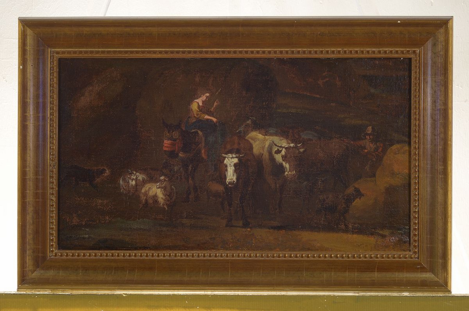 Detail k: Zuschreibung: Pieter van Bloemen, 1657-1720, 2 Pendants: Landschaft mit Kühen, Ziegen und Schafen, das Hütemädchen rechts ist an einen Felsen ...