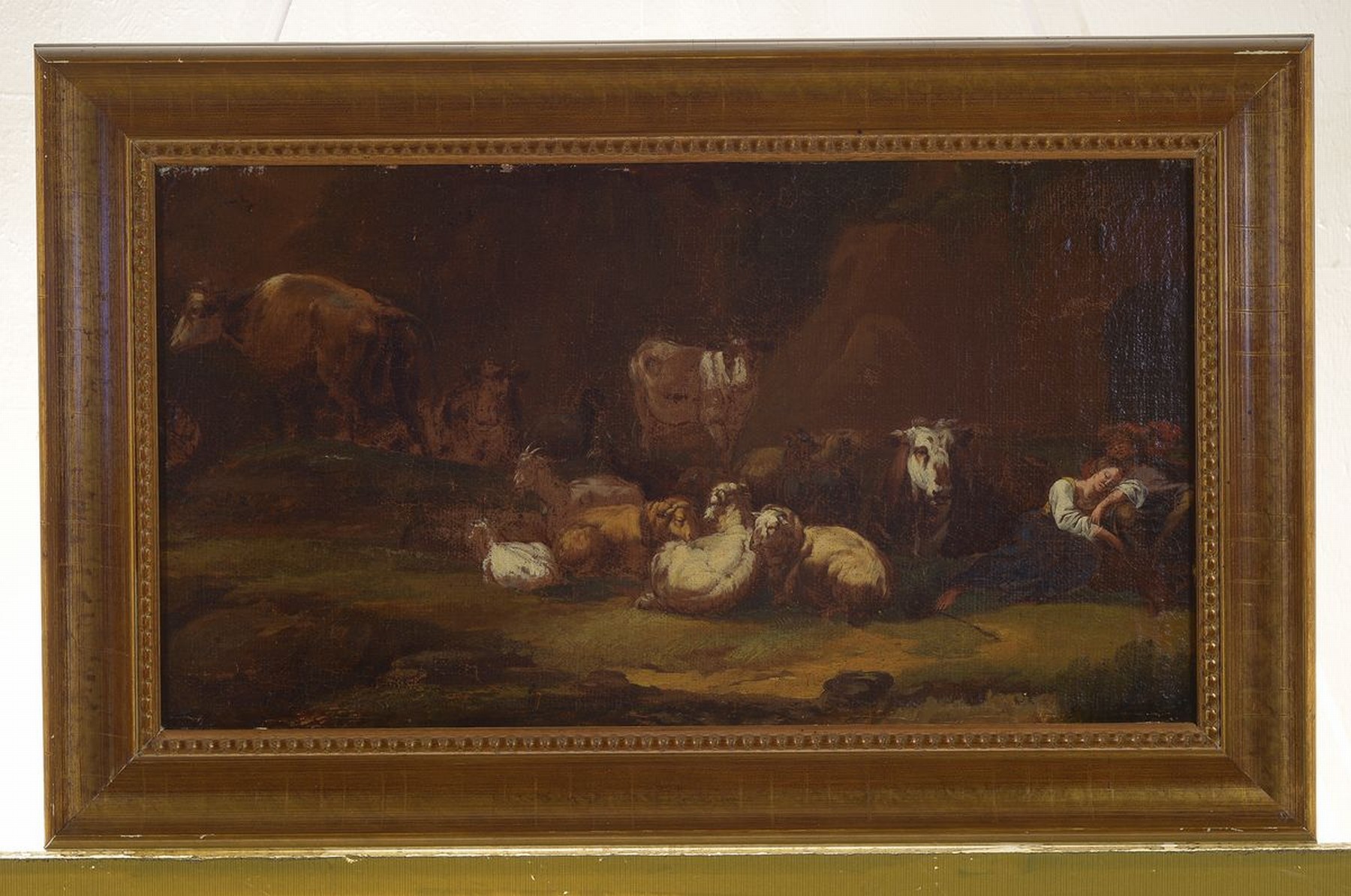 Detail l: Zuschreibung: Pieter van Bloemen, 1657-1720, 2 Pendants: Landschaft mit Kühen, Ziegen und Schafen, das Hütemädchen rechts ist an einen Felsen ...