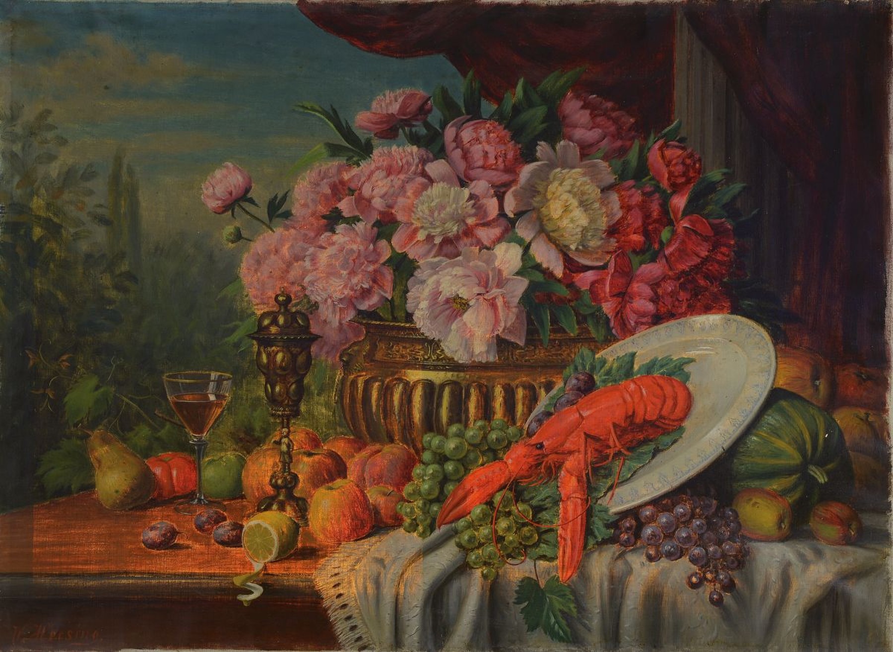 Wilhelm Hersing, geb. 1862, Üppiges Stillleben mit Hummer, Blumen und Obst, Öl/Lwd, links unten signiert, ca. 75x105cm
