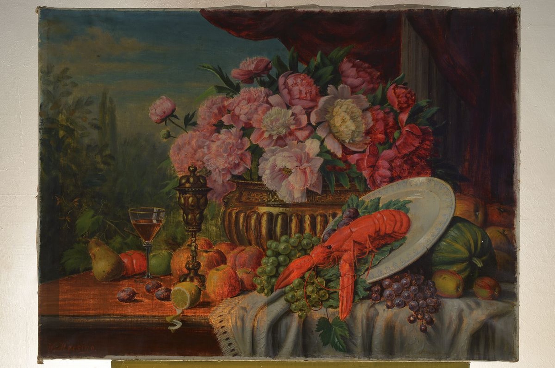 Detail k: Wilhelm Hersing, geb. 1862, Üppiges Stillleben mit Hummer, Blumen und Obst, Öl/Lwd, links unten signiert, ca. 75x105cm