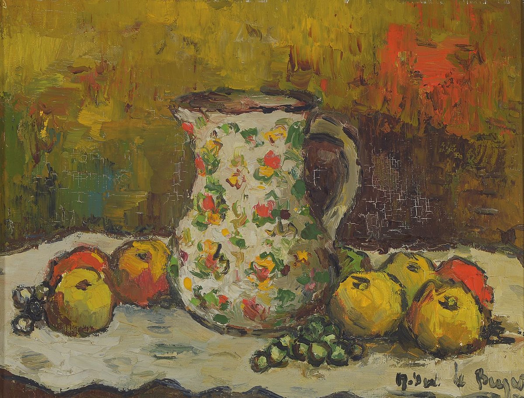 Robert Le Berger, 1905-1972, Stillleben mit Kanne und Äpfeln, Öl/Lwd, signiert, rückseitig nochmals signiert, dat. 1962 und bez.: Nature morte, ...