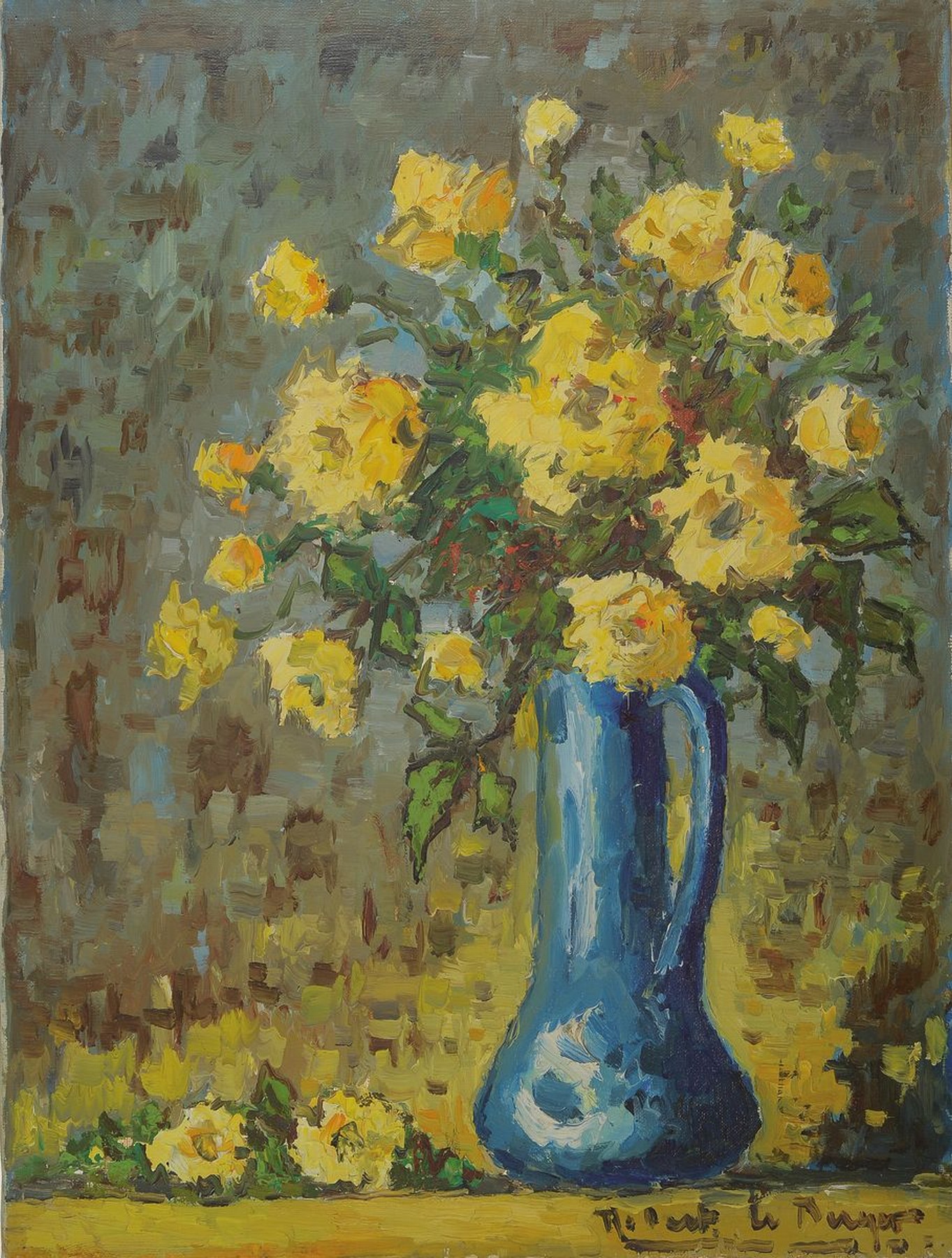 Robert Le Berger, 1905-1972, Stillleben mit gelben Rosen in blauer Vase, Öl/Lwd, signiert, rückseitig nochmals signiert, dat. 1965 und bez.: Les ...