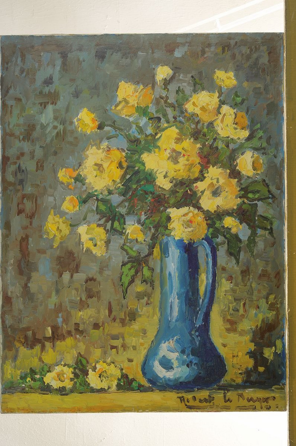 Detail k: Robert Le Berger, 1905-1972, Stillleben mit gelben Rosen in blauer Vase, Öl/Lwd, signiert, rückseitig nochmals signiert, dat. 1965 und bez.: Les ...