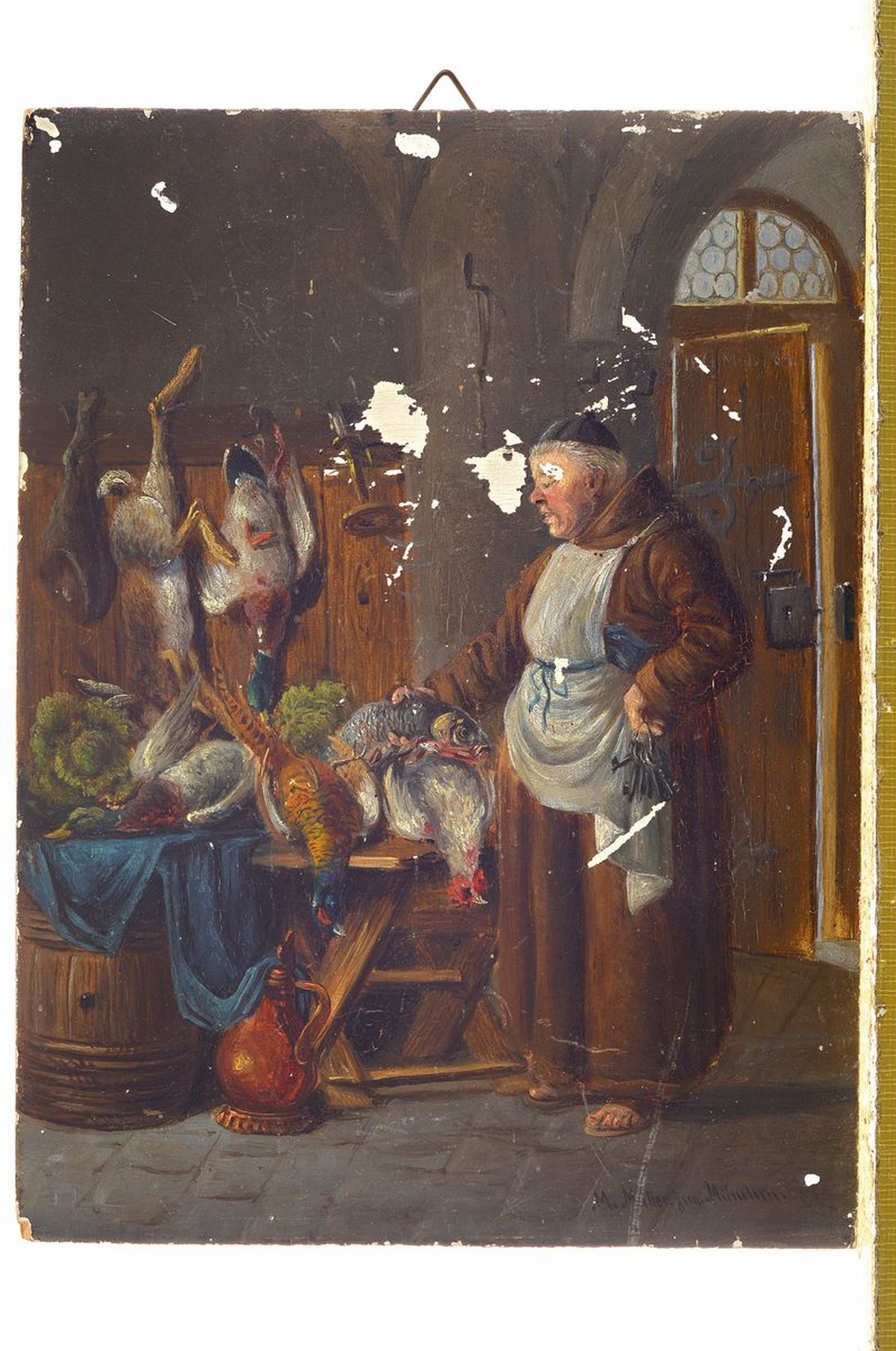 Detail k: Moritz Müller jun., 1868 München-1934 Lausa, Mönch in der Klosterküche beim Begutachten des Wildbrets, Öl/Holz, rechts unten signiert und bez.: ...