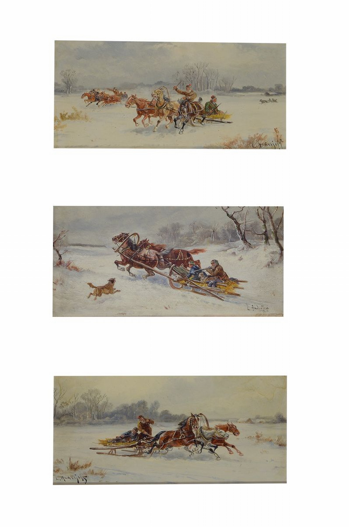 L. Andrejeff, Künstler um 1890, drei zusammengehörige Bilder, Schlittenfahrten: "vom Hunger getrieben" u. "Eine unheimliche ...
