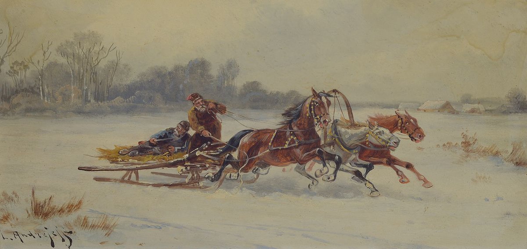 Detail a: L. Andrejeff, Künstler um 1890, drei zusammengehörige Bilder, Schlittenfahrten: "vom Hunger getrieben" u. "Eine unheimliche ...
