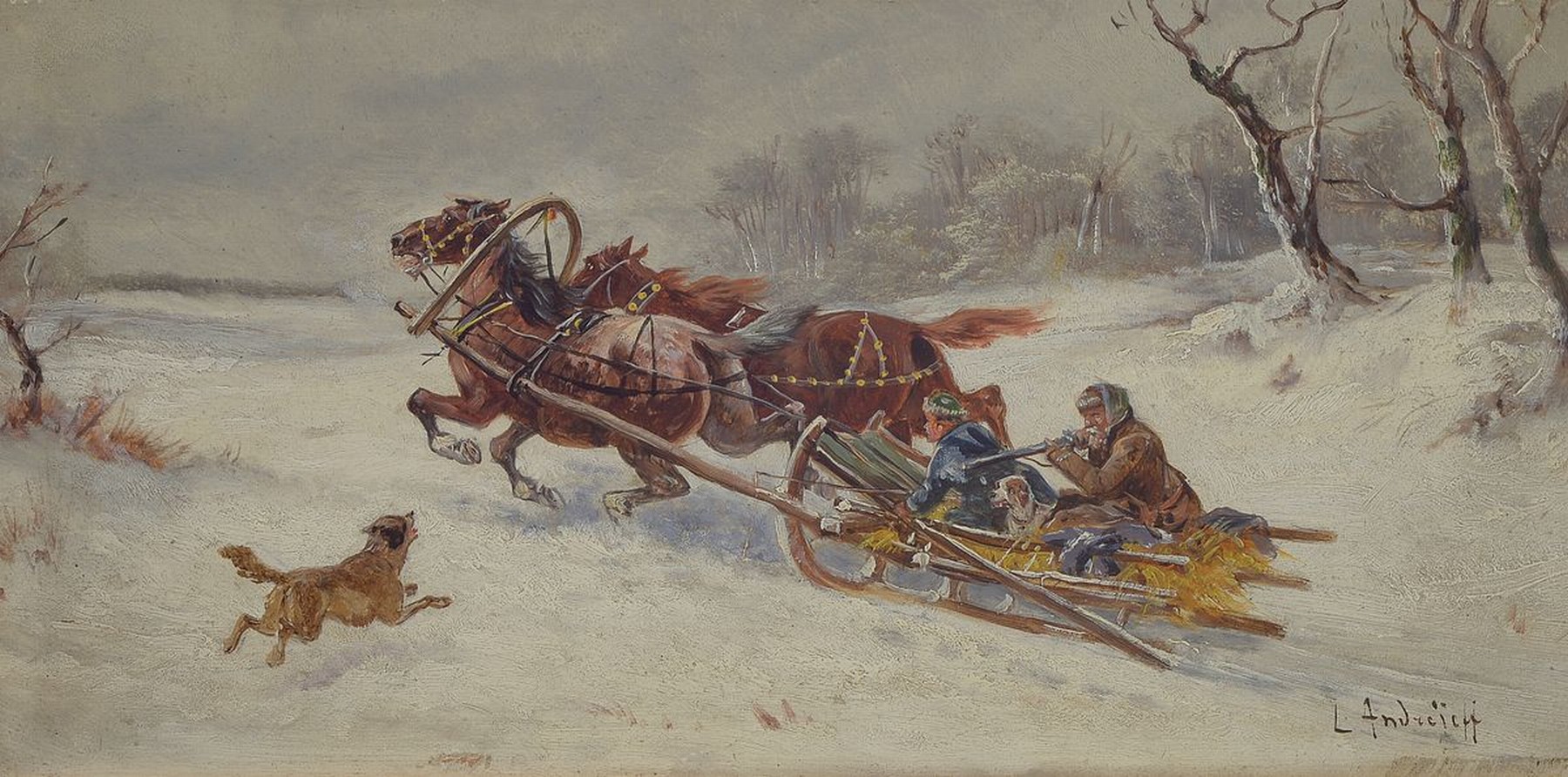Detail b: L. Andrejeff, Künstler um 1890, drei zusammengehörige Bilder, Schlittenfahrten: "vom Hunger getrieben" u. "Eine unheimliche ...