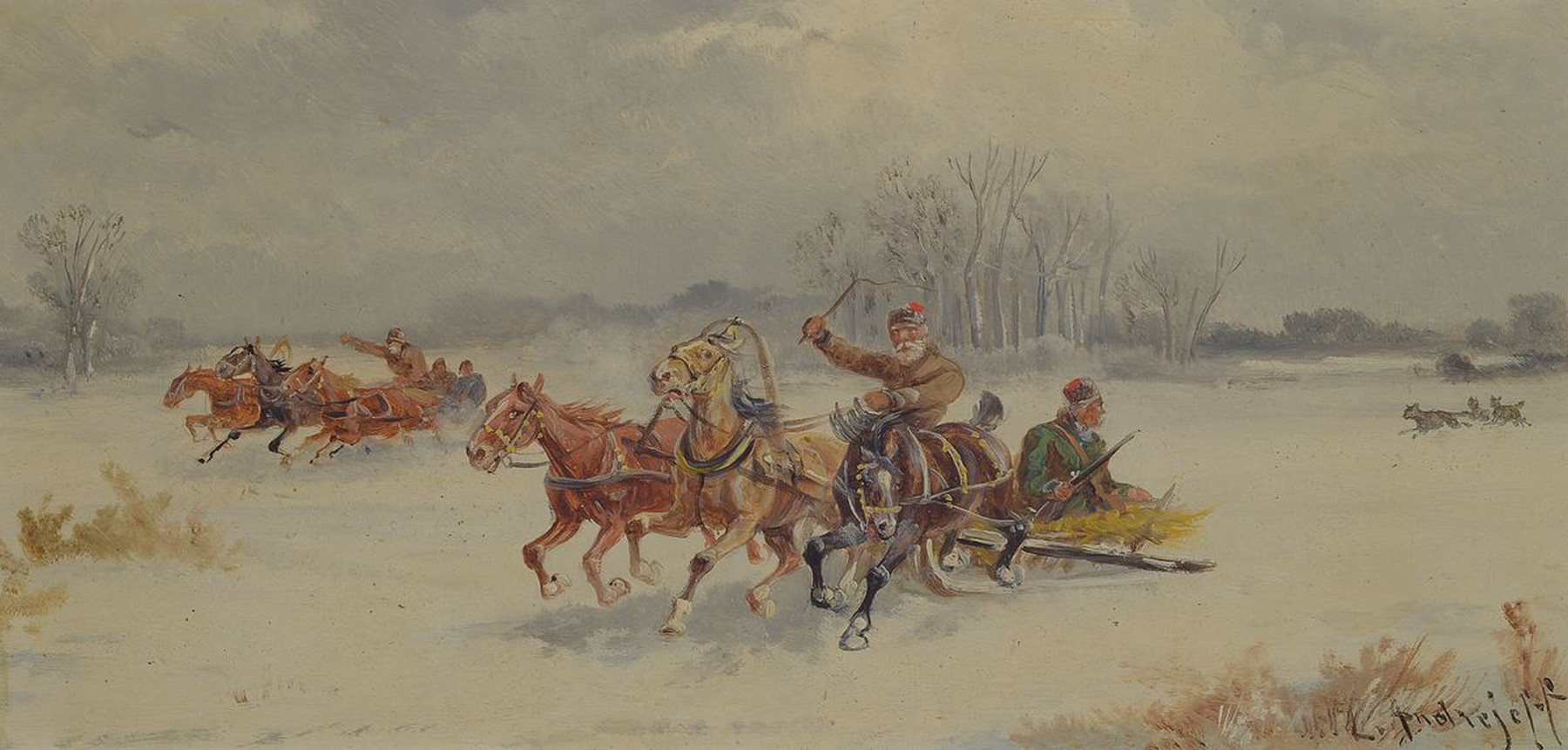 Detail c: L. Andrejeff, Künstler um 1890, drei zusammengehörige Bilder, Schlittenfahrten: "vom Hunger getrieben" u. "Eine unheimliche ...