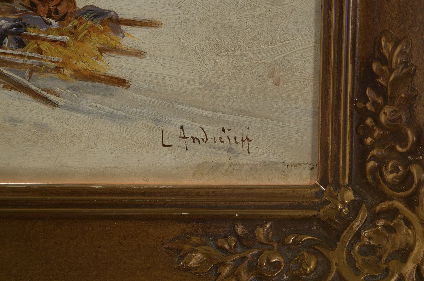 Detail e: L. Andrejeff, Künstler um 1890, drei zusammengehörige Bilder, Schlittenfahrten: "vom Hunger getrieben" u. "Eine unheimliche ...