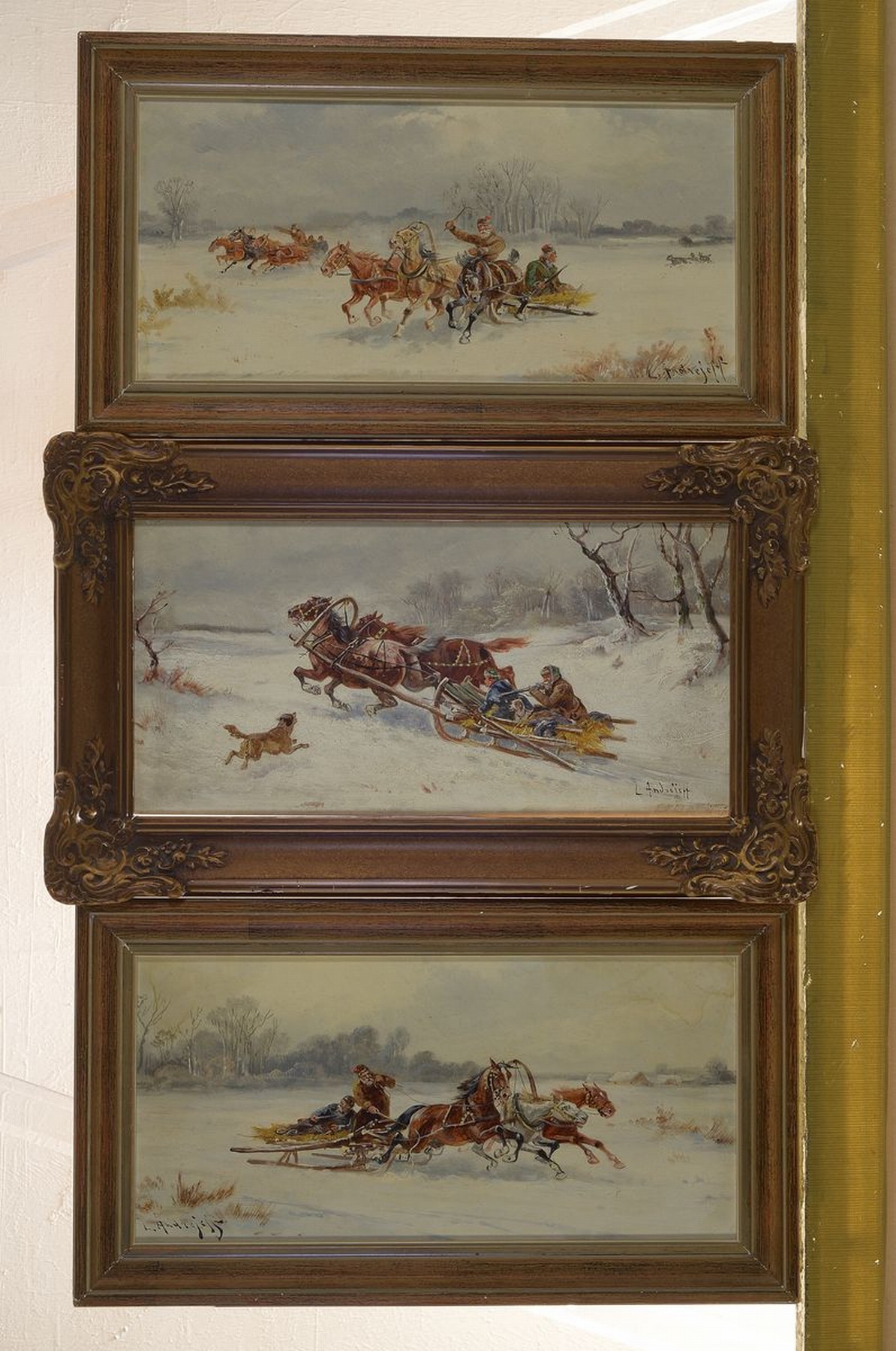 Detail k: L. Andrejeff, Künstler um 1890, drei zusammengehörige Bilder, Schlittenfahrten: "vom Hunger getrieben" u. "Eine unheimliche ...