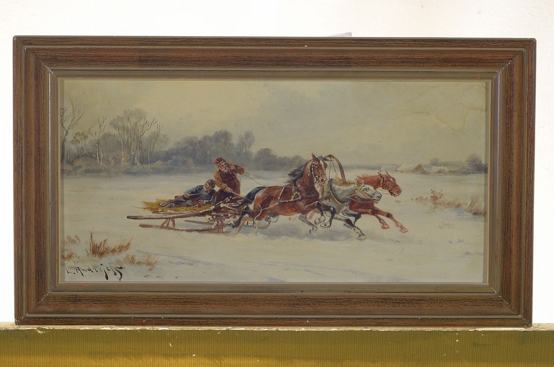 Detail l: L. Andrejeff, Künstler um 1890, drei zusammengehörige Bilder, Schlittenfahrten: "vom Hunger getrieben" u. "Eine unheimliche ...