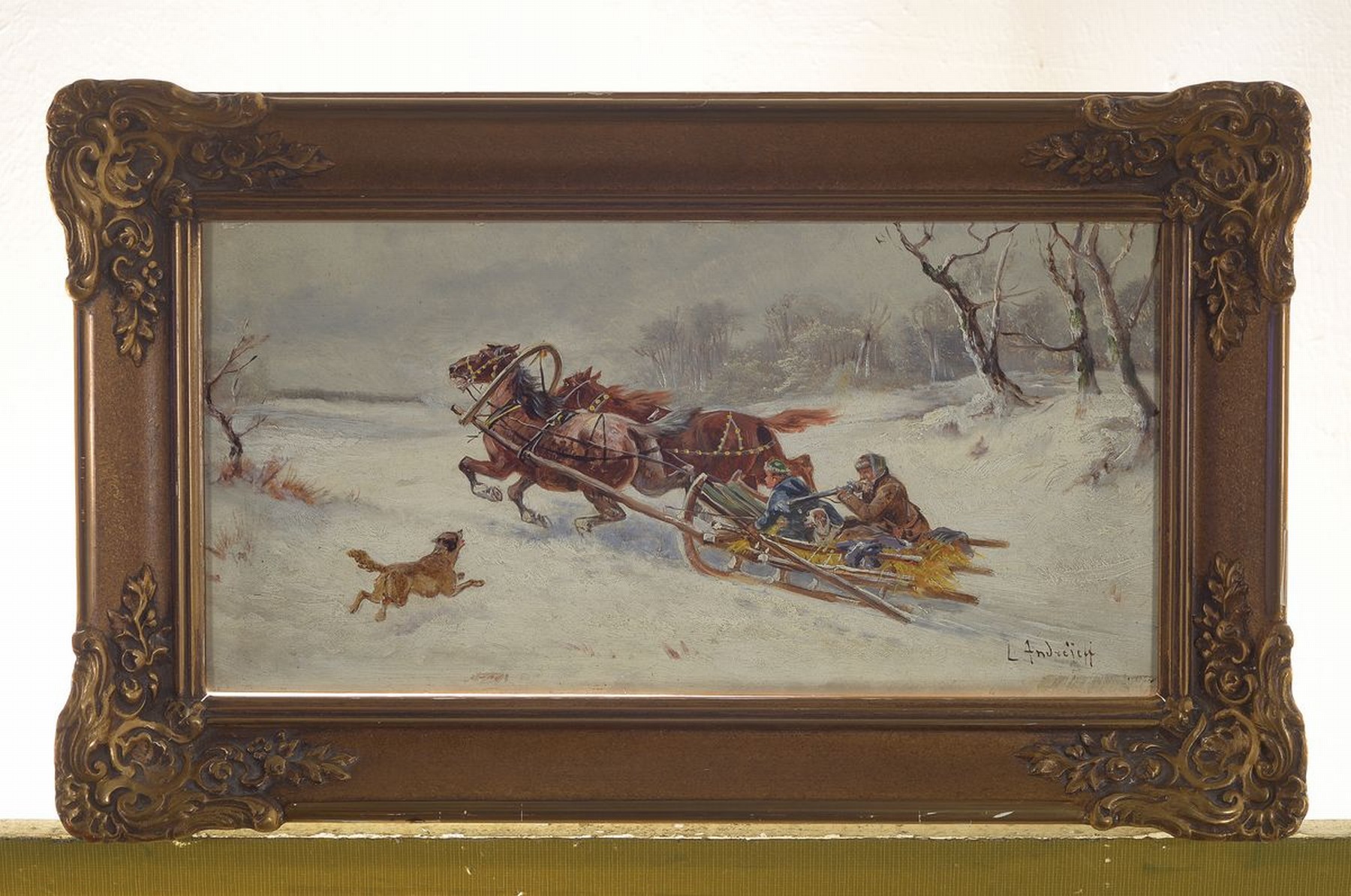 Detail m: L. Andrejeff, Künstler um 1890, drei zusammengehörige Bilder, Schlittenfahrten: "vom Hunger getrieben" u. "Eine unheimliche ...