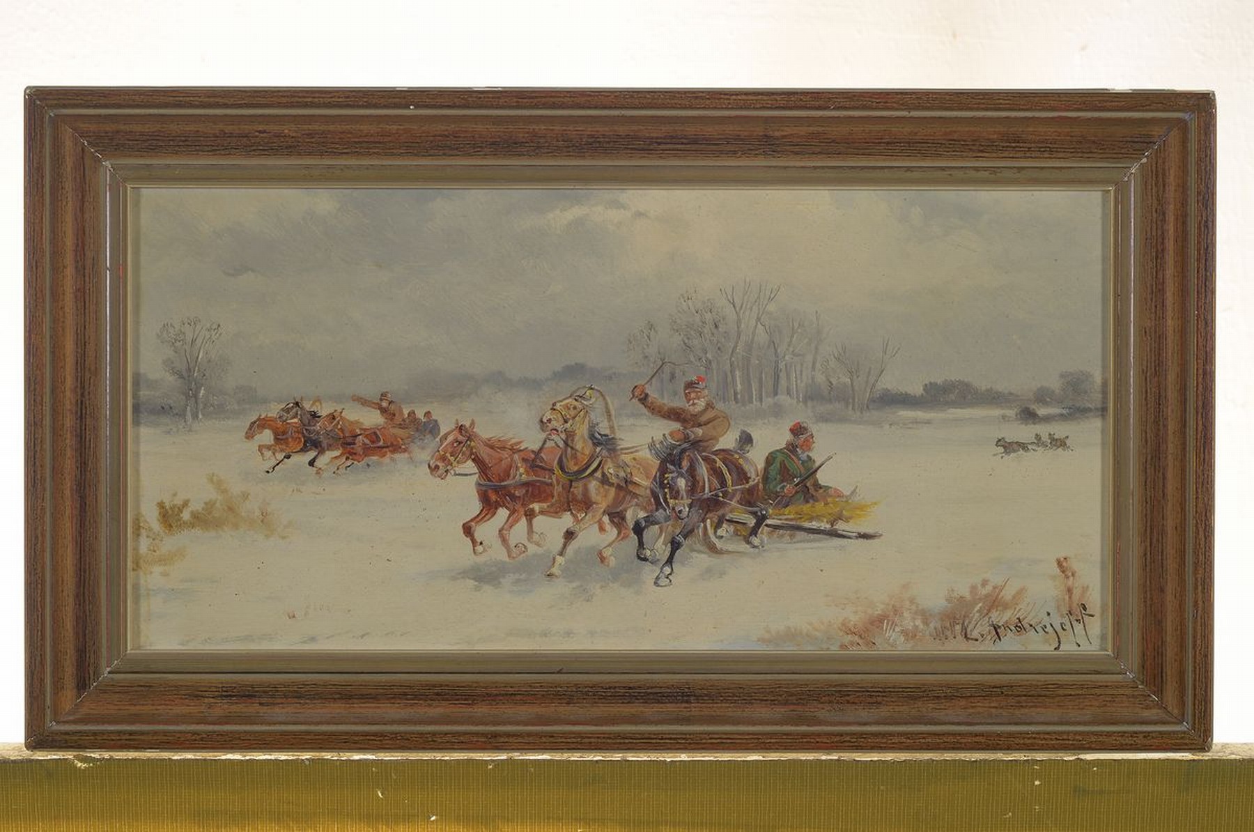 Detail n: L. Andrejeff, Künstler um 1890, drei zusammengehörige Bilder, Schlittenfahrten: "vom Hunger getrieben" u. "Eine unheimliche ...