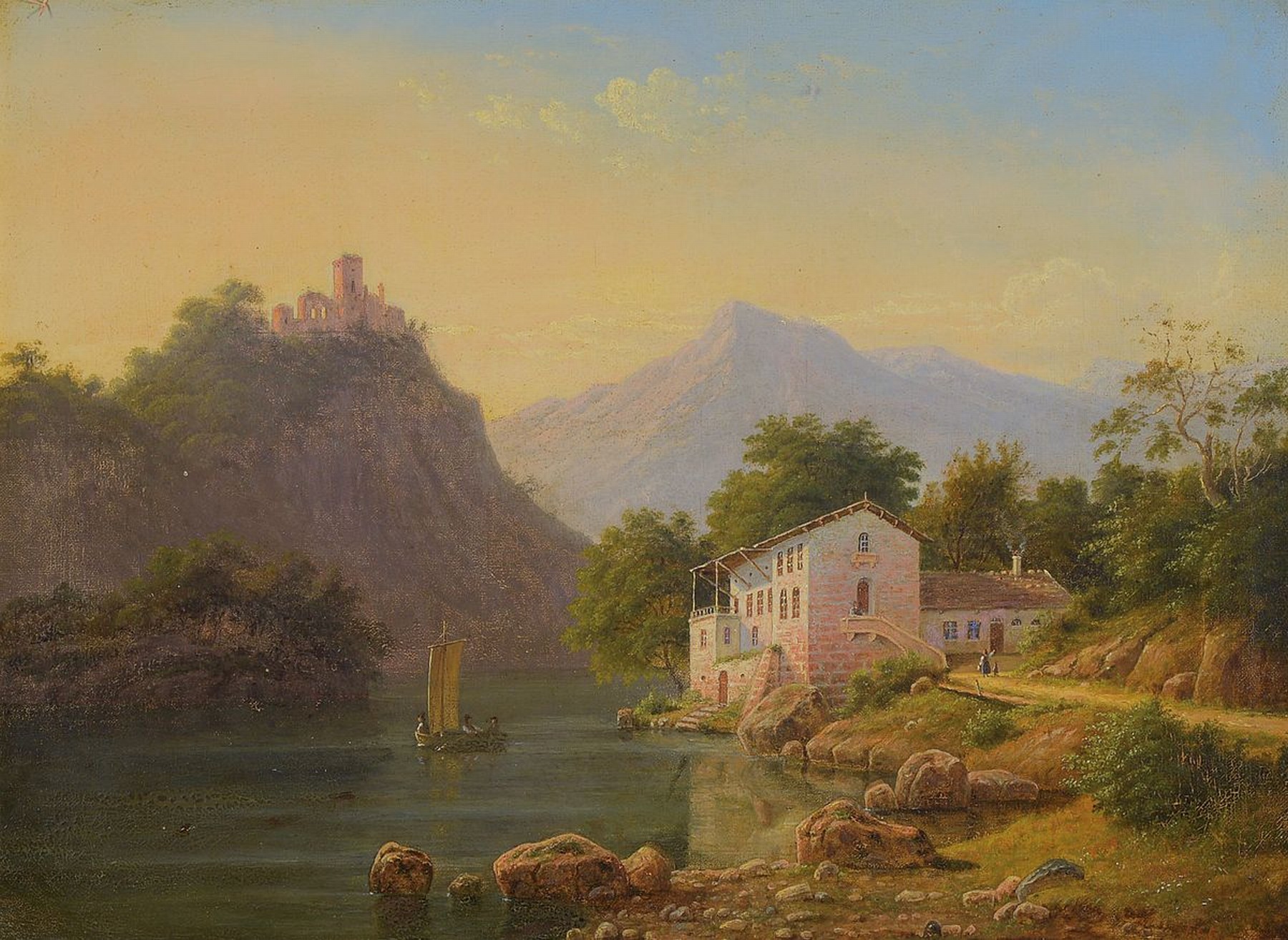 Prof. Frederik Kiaerskou, 1805 Kopenhagen - 1891 ebenda, Tiroler Gebirgssee, im Hintergrund Burgruine und Mühle, feine Tonigkeit in den Blau- und ...