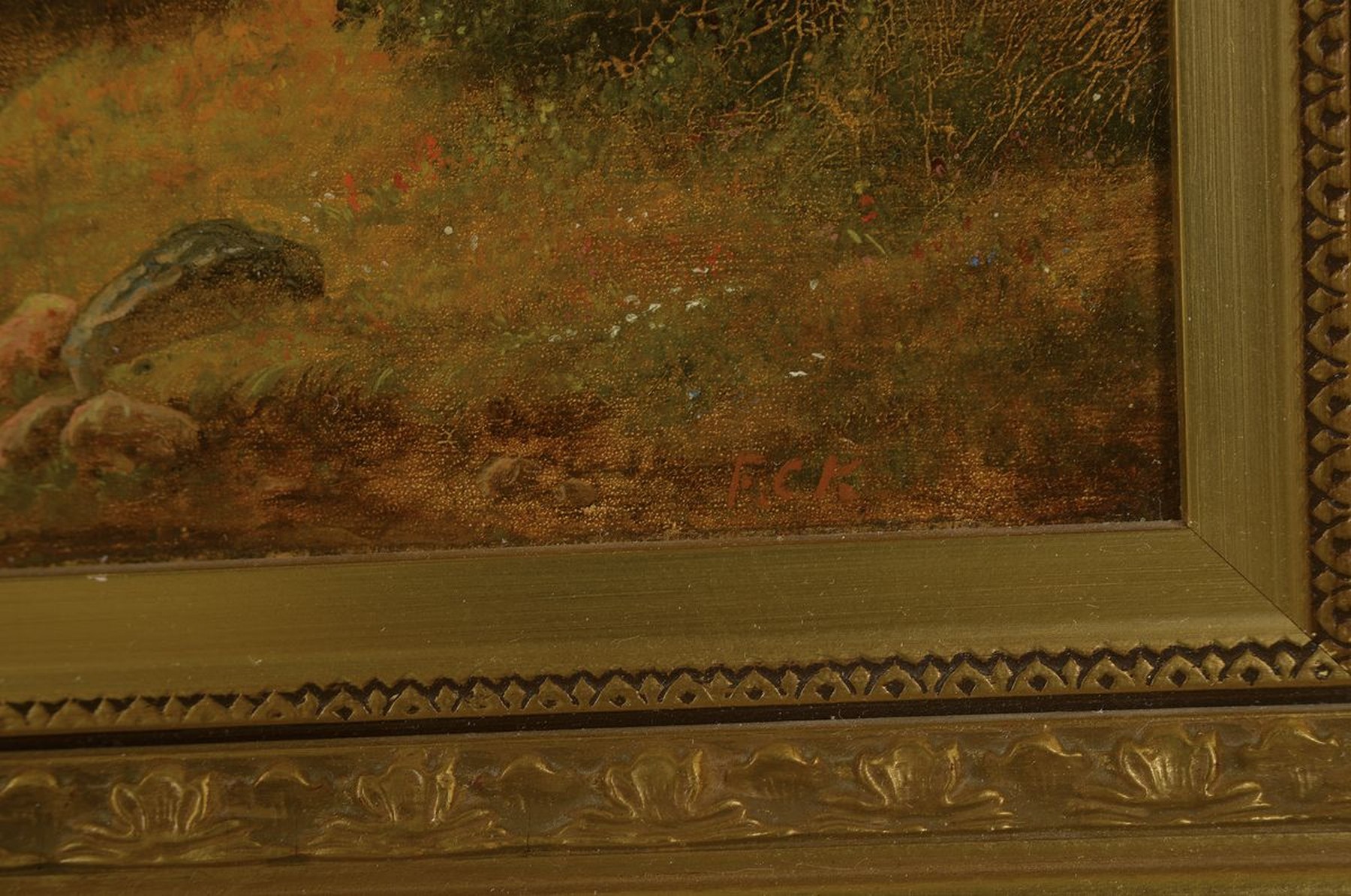 Detail a: Prof. Frederik Kiaerskou, 1805 Kopenhagen - 1891 ebenda, Tiroler Gebirgssee, im Hintergrund Burgruine und Mühle, feine Tonigkeit in den Blau- und ...