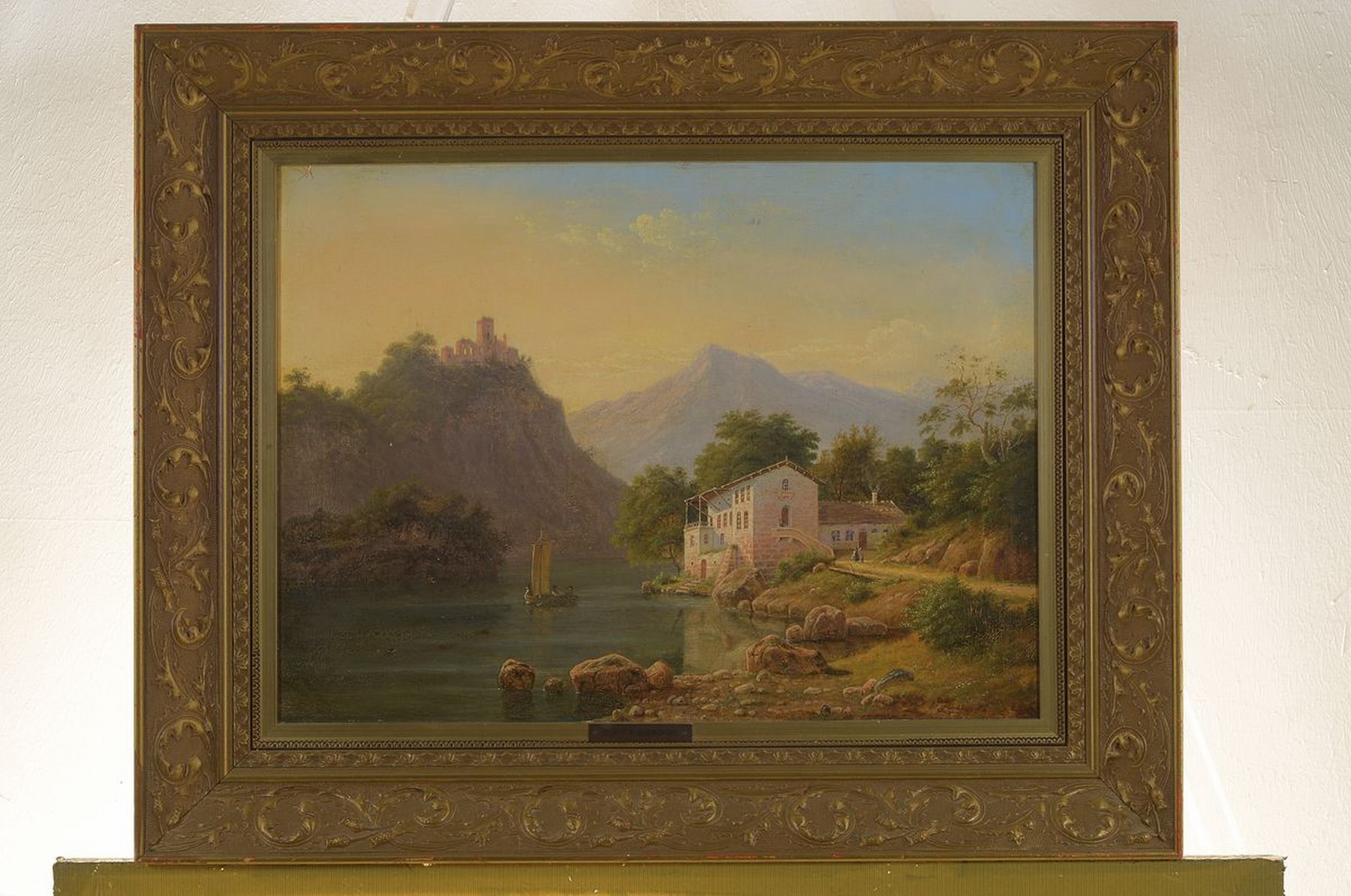 Detail k: Prof. Frederik Kiaerskou, 1805 Kopenhagen - 1891 ebenda, Tiroler Gebirgssee, im Hintergrund Burgruine und Mühle, feine Tonigkeit in den Blau- und ...