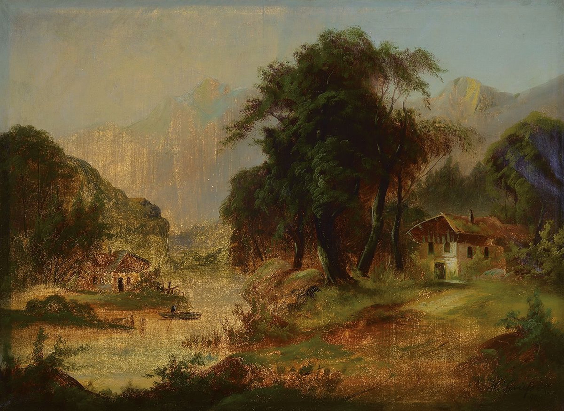 H. Grießer, wohl Düsseldorfer Schule, dat. 1890, alpine Seelandschaft mit Ruderboot, Öl/Lwd, signiert und datiert, ca. 58 x 79 cm, Rahmen