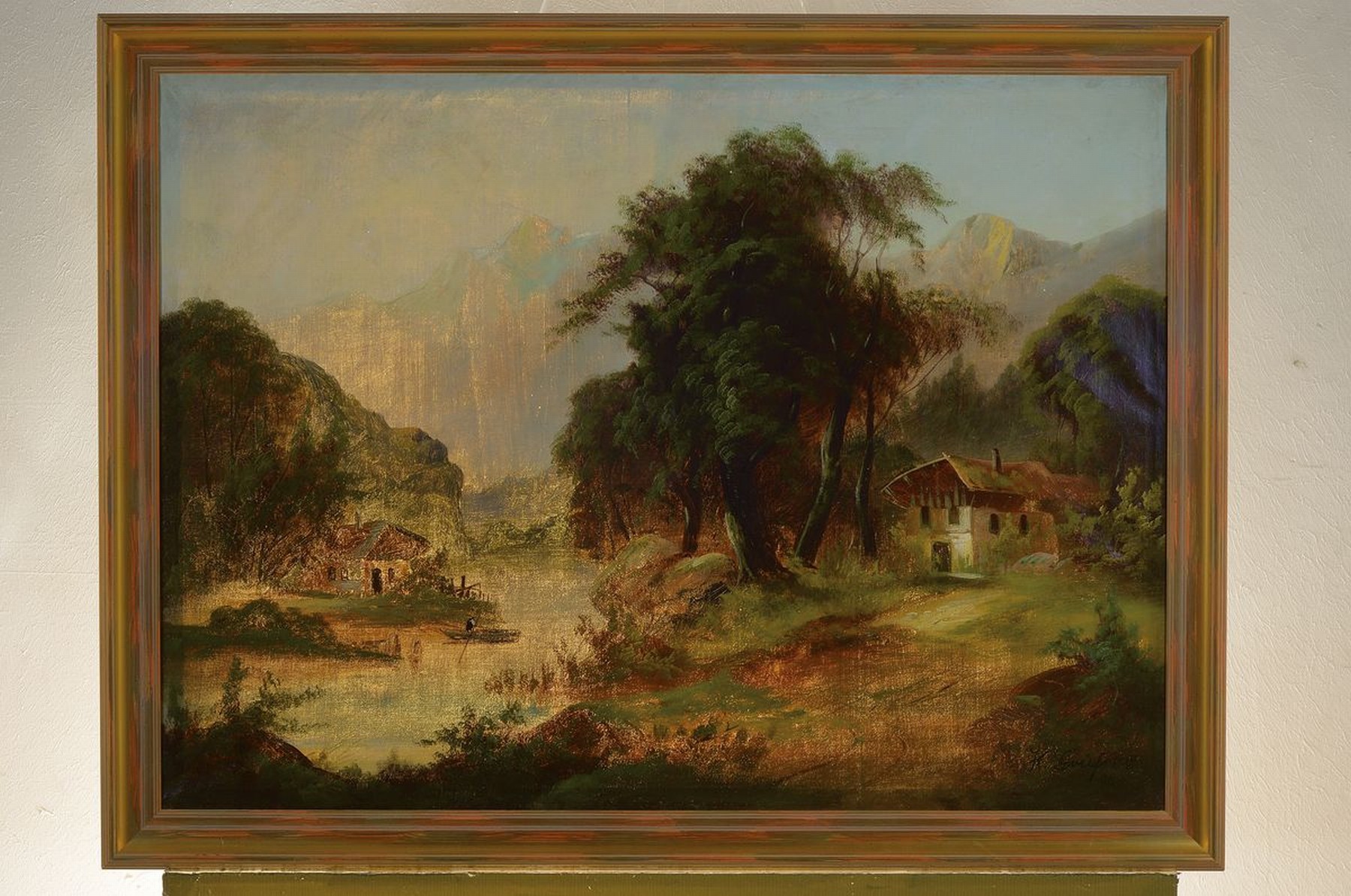 Detail k: H. Grießer, wohl Düsseldorfer Schule, dat. 1890, alpine Seelandschaft mit Ruderboot, Öl/Lwd, signiert und datiert, ca. 58 x 79 cm, Rahmen