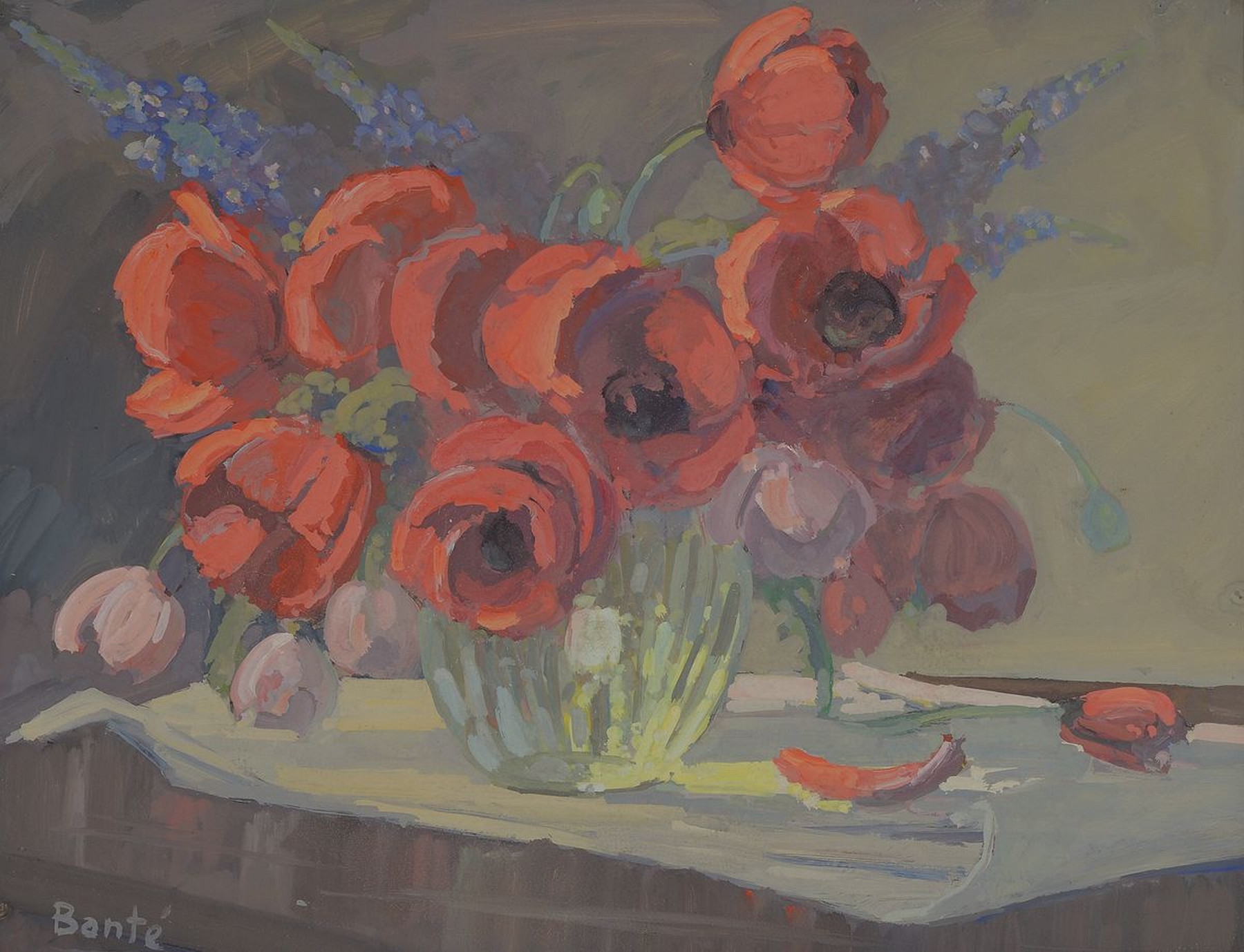 Arthur Banté, 1887 - 1951 Goldkronach im Fichtelgebirge, Gouache/Papier, li. unten signiert, Blumenstillleben mit Mohnblumen und Rittersporn, 50 x ...
