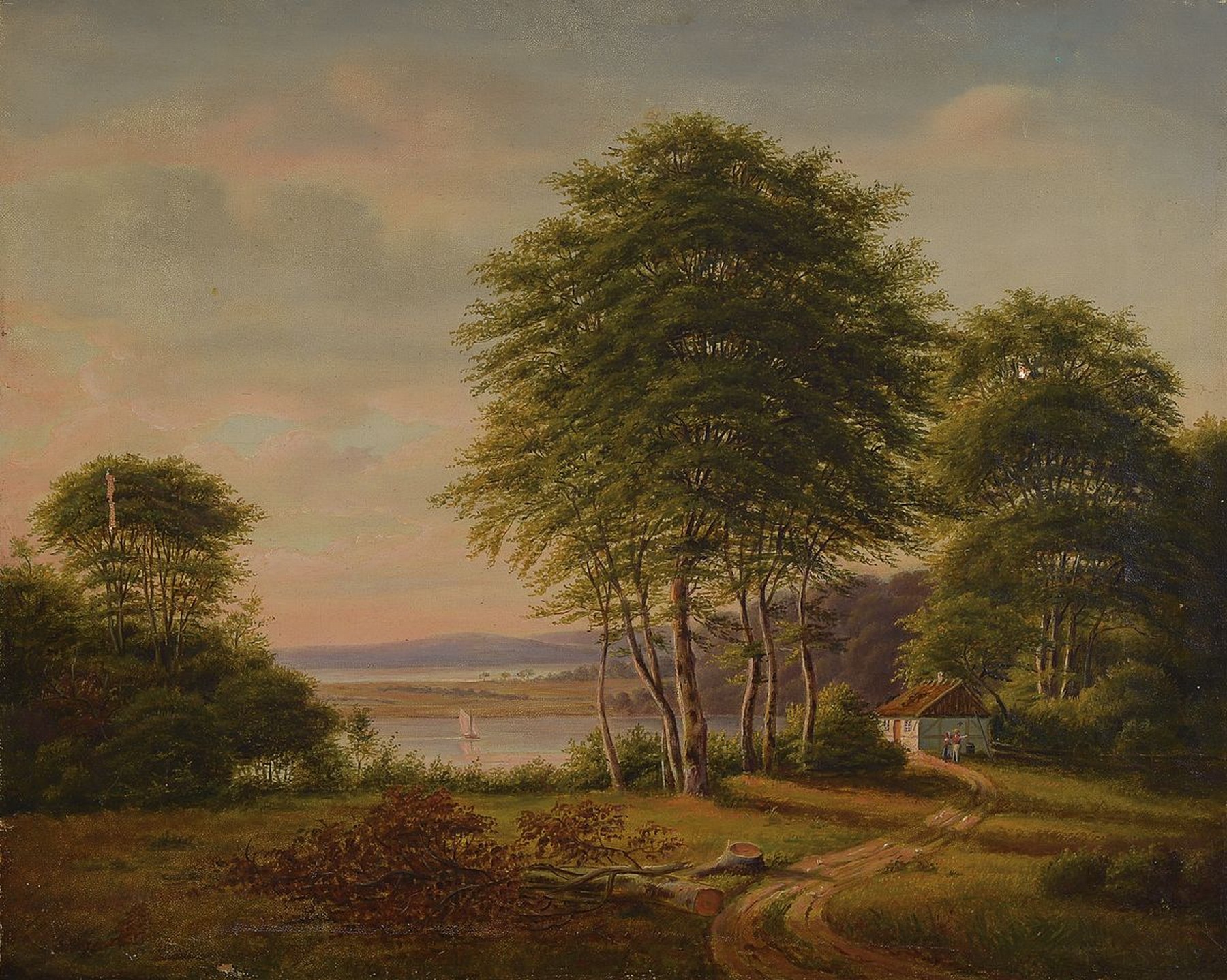 Unbekannter Künstler, um 1850/60, wohl norwegische Seenlandschaft mit Hütte, Öl/Lwd, leicht rest., wohl Reste alter Signatur li. u. unter ...