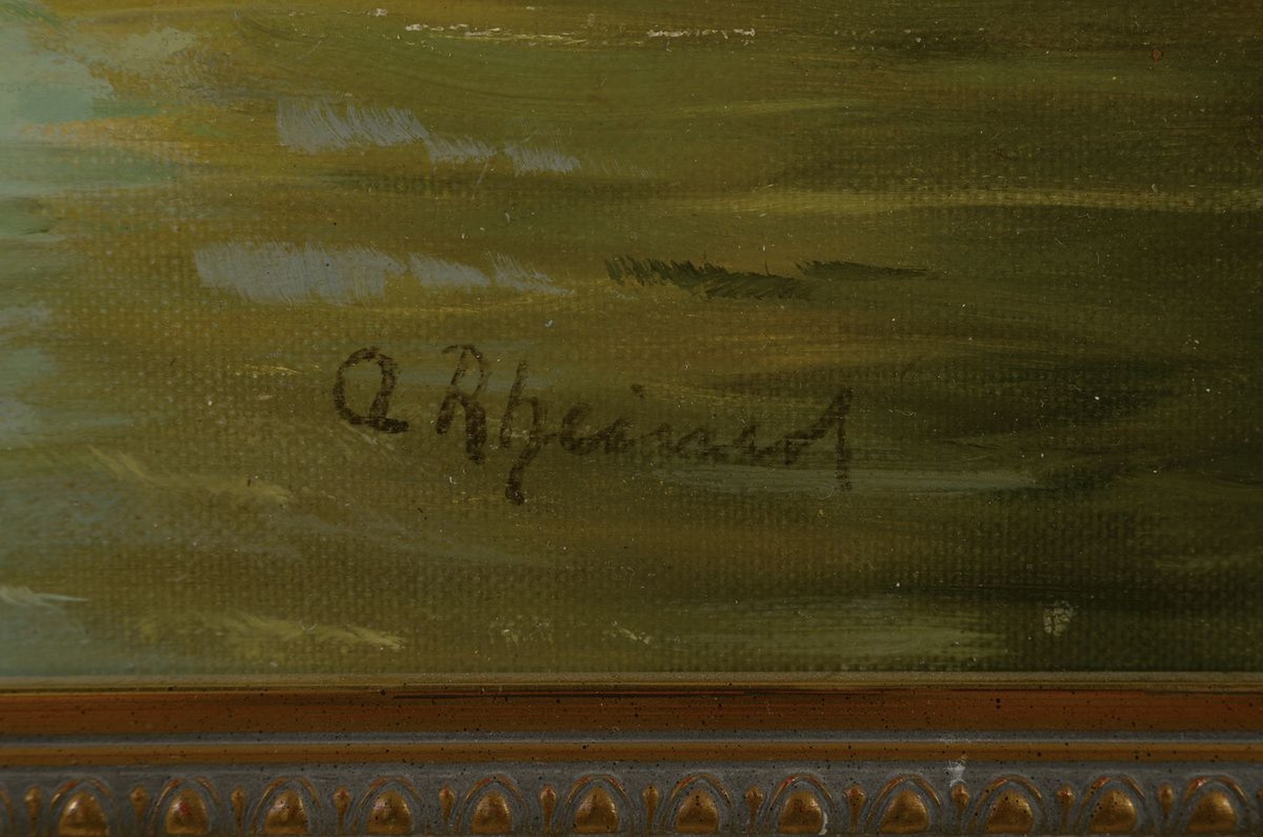 Detail a: Adolf Rheinert, 1879 Düsseldorf - 1958, Angler am Fluss zur Zeit der Holunderblüte mit Blick auf das Kloster Kamp, Öl/Holz, li. unten signiert, ...