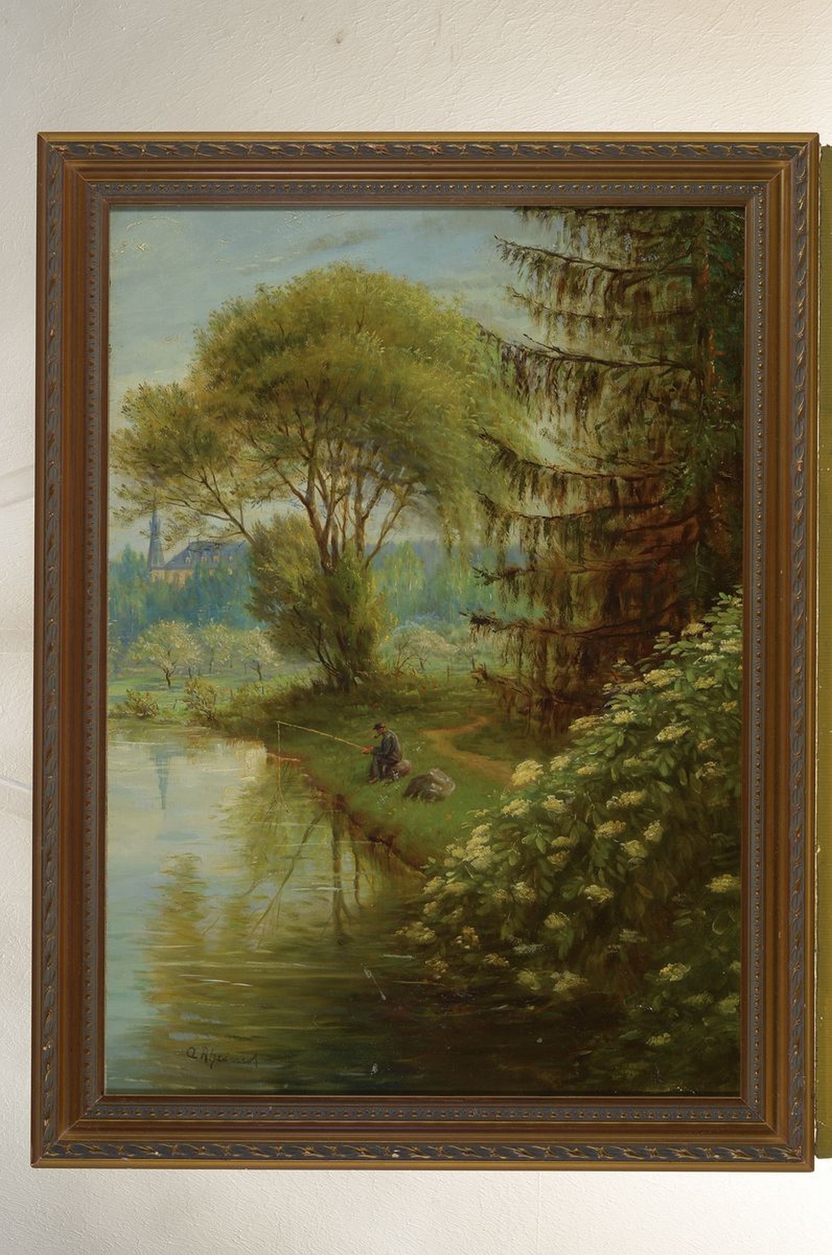 Detail k: Adolf Rheinert, 1879 Düsseldorf - 1958, Angler am Fluss zur Zeit der Holunderblüte mit Blick auf das Kloster Kamp, Öl/Holz, li. unten signiert, ...