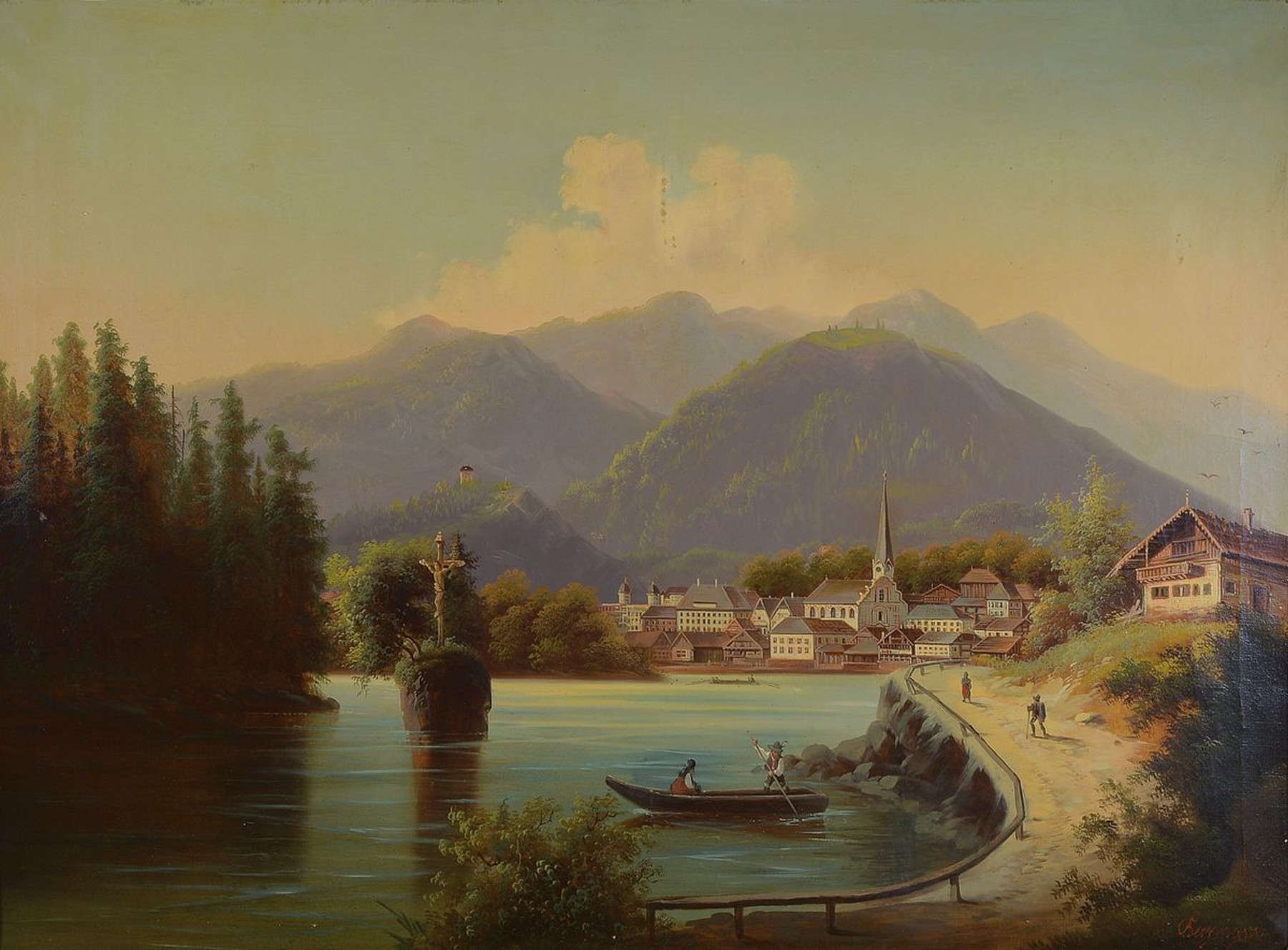Bergmann, Künstler der 2.Hälfte des 19.Jh., Mittelgebirgslandschaft am See, wohl Region Salzkammergut, vordergründig markanter Kreuzstein im See, ...