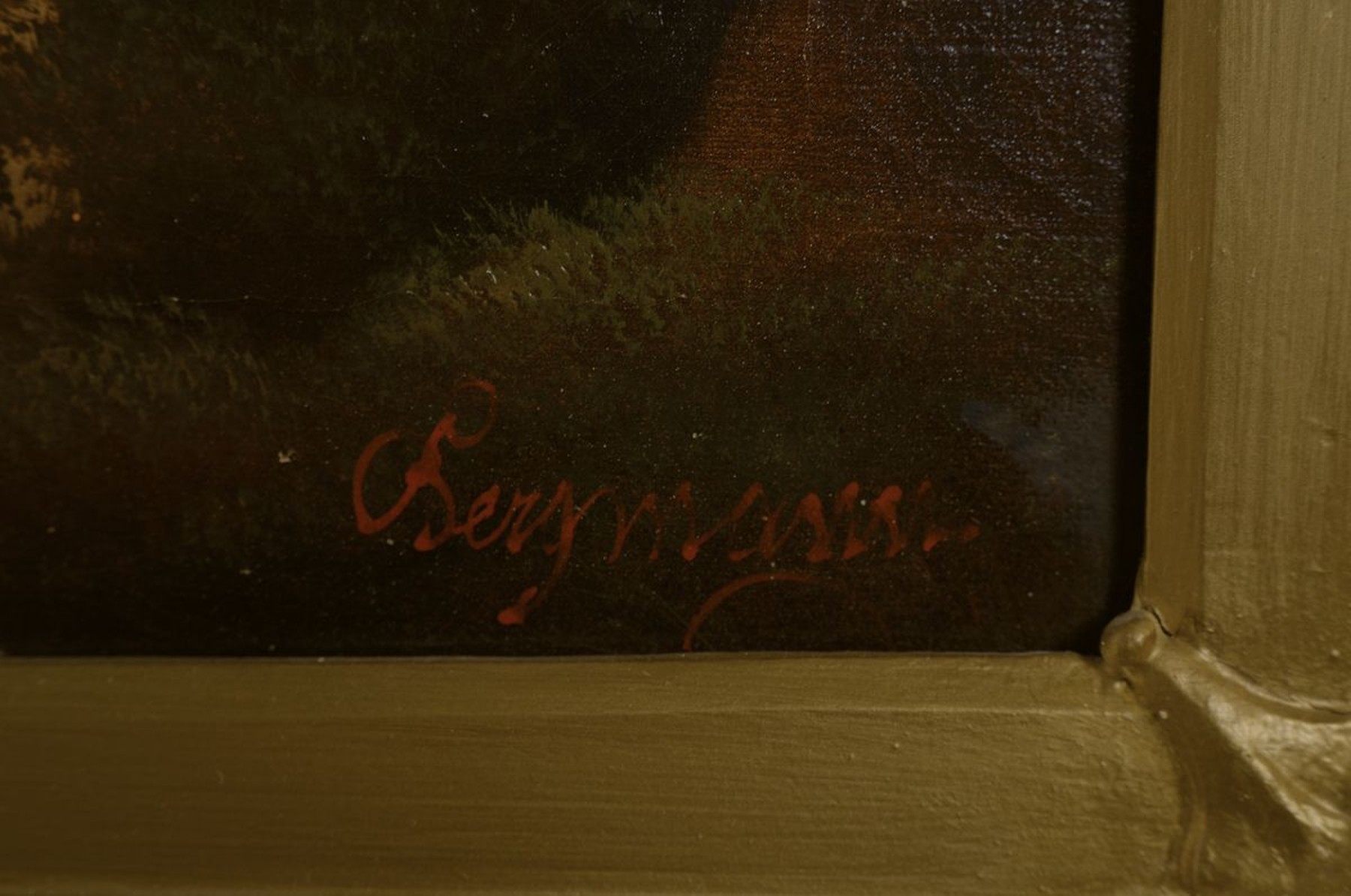 Detail a: Bergmann, Künstler der 2.Hälfte des 19.Jh., Mittelgebirgslandschaft am See, wohl Region Salzkammergut, vordergründig markanter Kreuzstein im See, ...