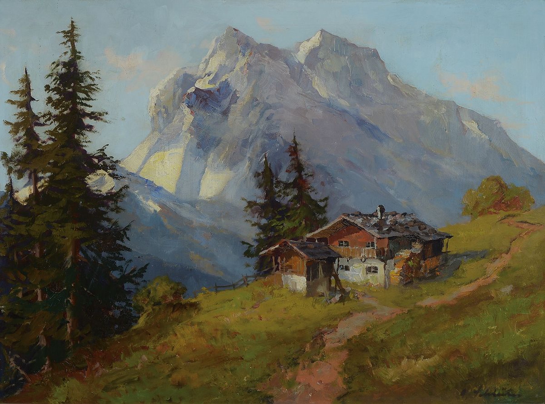 Adolf Schlüter, geb. 1890 in Neuss, Almhütte wohl vor dem wilden Kaiser, sonnige Alpinlandschaft, lockerer Duktus, gekonnte Farbdifferenzierung vor ...