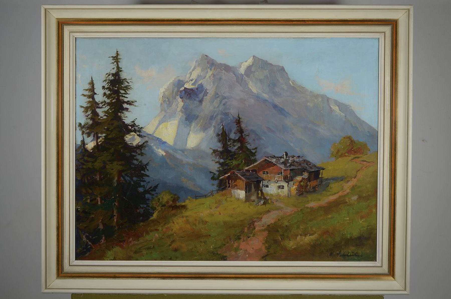 Detail k: Adolf Schlüter, geb. 1890 in Neuss, Almhütte wohl vor dem wilden Kaiser, sonnige Alpinlandschaft, lockerer Duktus, gekonnte Farbdifferenzierung vor ...