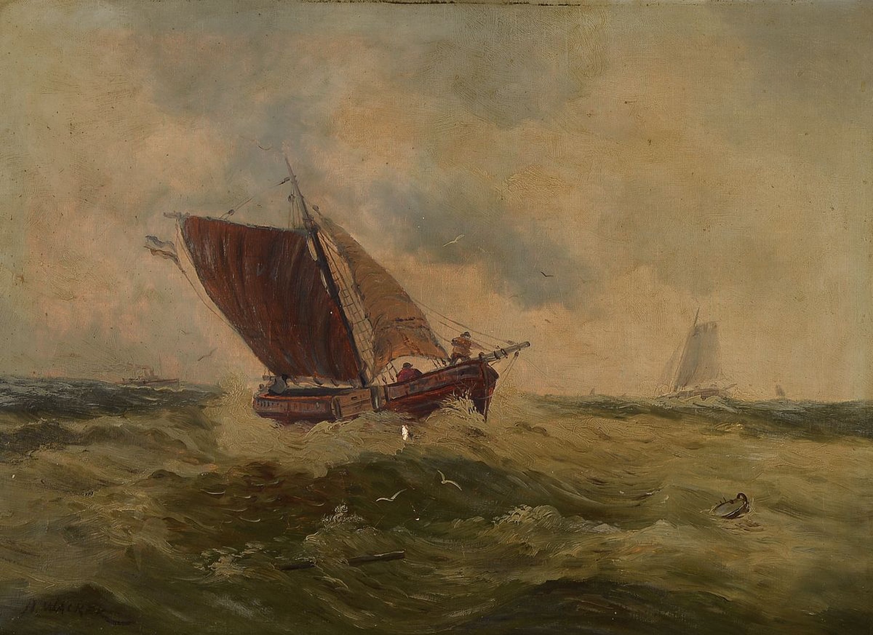 A. Walker, 2. Hälfte 19. Jh., Fischerboot auf stürmischer See, Öl/Lwd, signiert, Reinigung empfohlen, ca. 46 x 65 cm, Prunkrahmen vergoldet ca. 71 ...