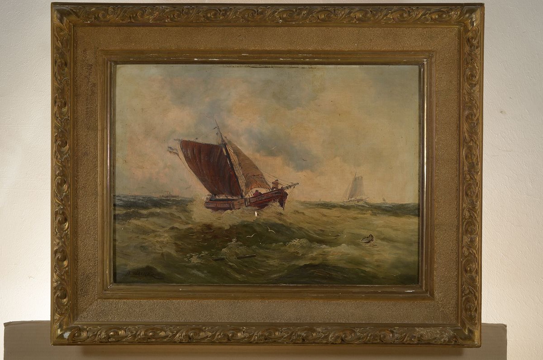 Detail k: A. Walker, 2. Hälfte 19. Jh., Fischerboot auf stürmischer See, Öl/Lwd, signiert, Reinigung empfohlen, ca. 46 x 65 cm, Prunkrahmen vergoldet ca. 71 ...