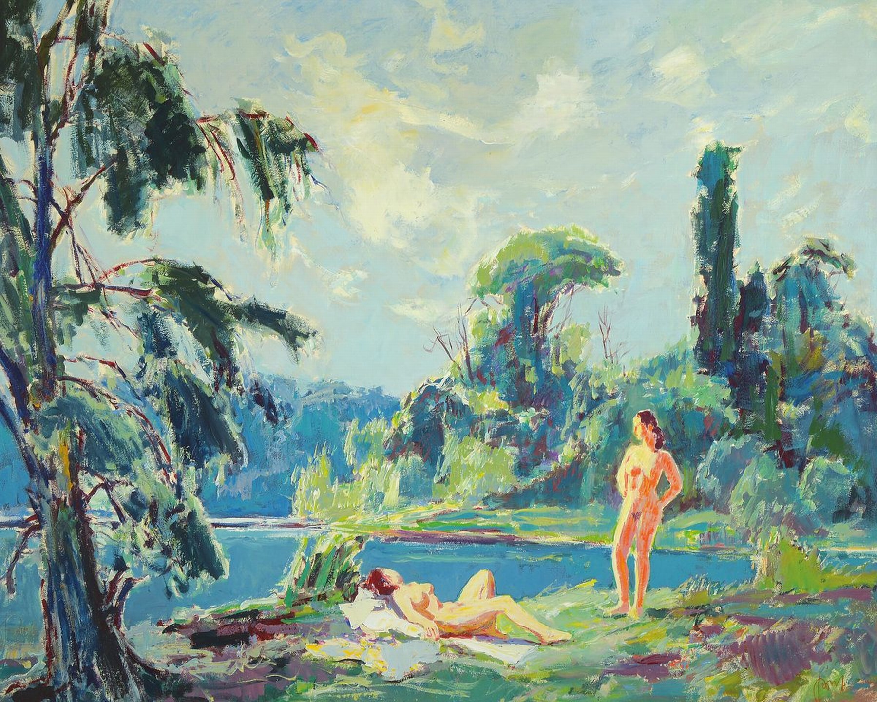 Karl Graf, 1902-1986 Speyer, Badende, Öl/Malkarton, rechts unten signiert, ca. ca. 69x85cm, R. ca. 76x93cm
