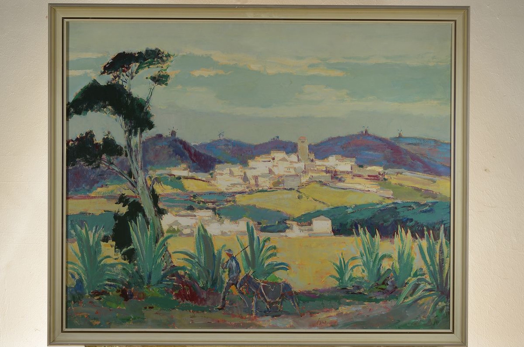 Detail k: Karl Graf, 1902-1986 Speyer, Landschaft im Süden, vorne Mann mit Esel, im Hintergrund Windmühlen, Öl/Malkarton, signiert, ca. 70x85cm