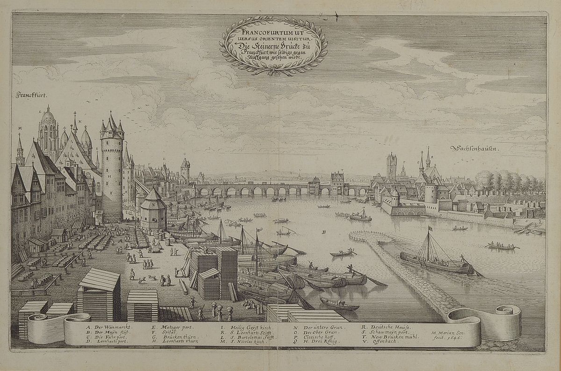 Matthäus Merian, Ansicht von Frankfurth, "Die steinerne Brücke zu Franckfurt..", Kupferstich, Bugfalte, l. Altersspuren, ca. Abb. 21 x 34 ...