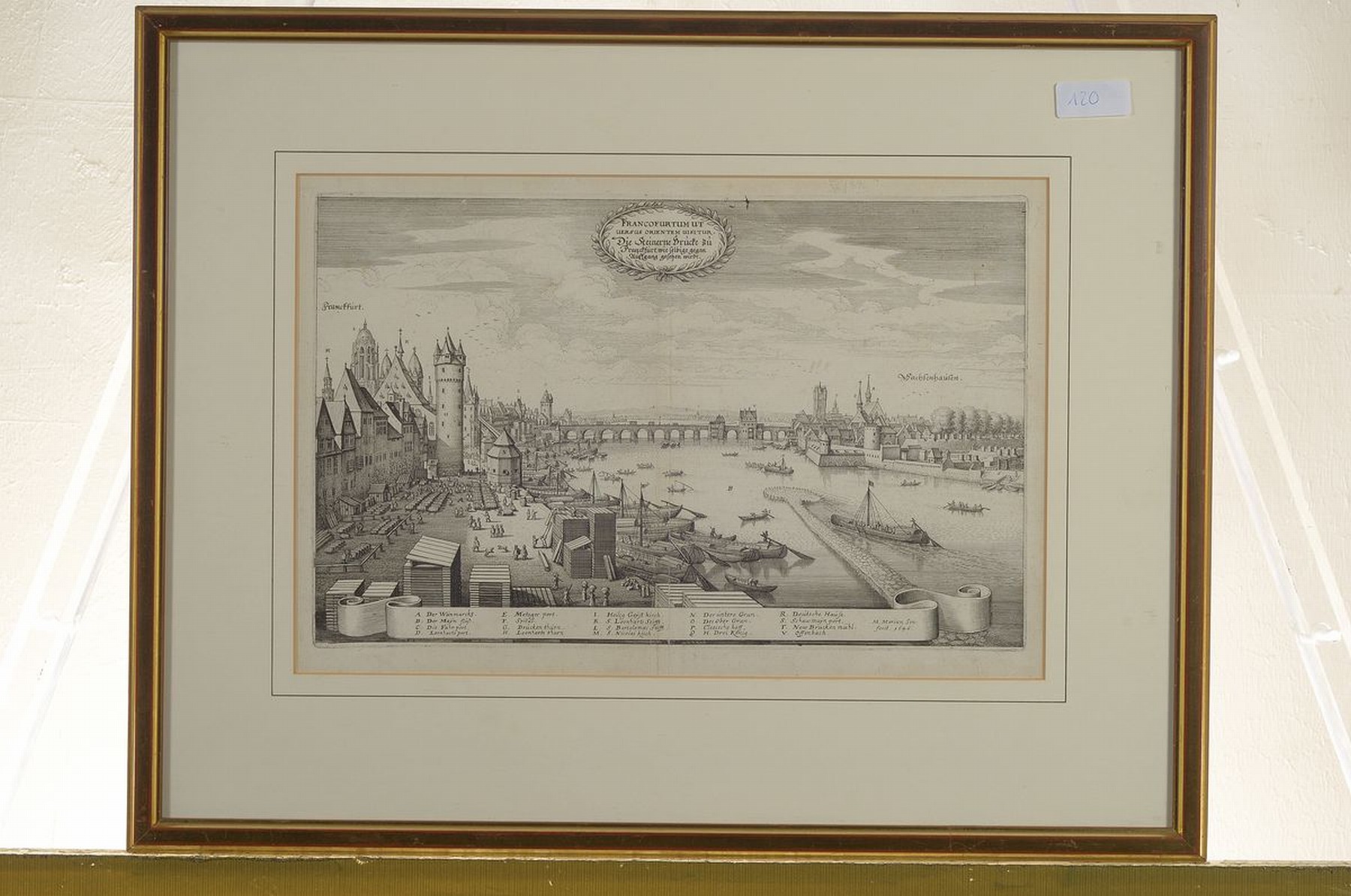 Detail k: Matthäus Merian, Ansicht von Frankfurth, "Die steinerne Brücke zu Franckfurt..", Kupferstich, Bugfalte, l. Altersspuren, ca. Abb. 21 x 34 ...