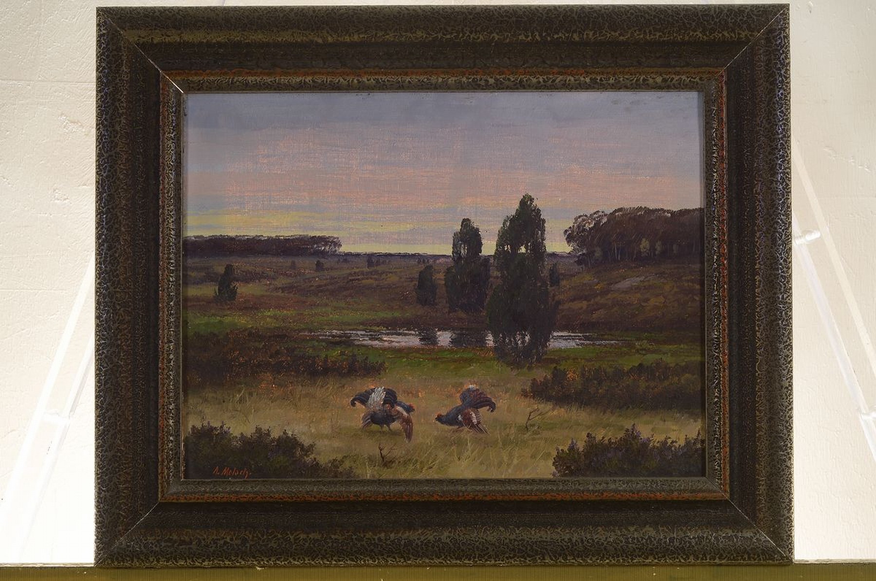 Detail k: August Mötsch, 1869 Düsseldorf - 1952, Morgenstimmung mit balzenden Auerhähnen, Öl/Lwd, li. u. signiert, ca. 30 x 40 cm Rahmen
