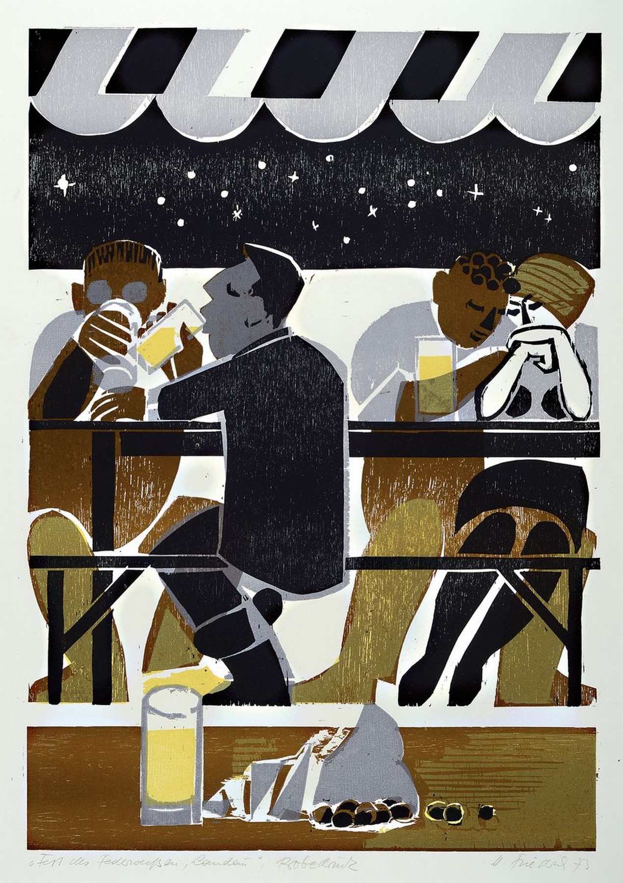 Heinz Friedrich, 1924-2018 Schwetzingen, Farbholzschnitt von 1973, Fest des Federweißen , handsign., betitelt, bez. Probedruck, ca. 63x43 cm, unter ...