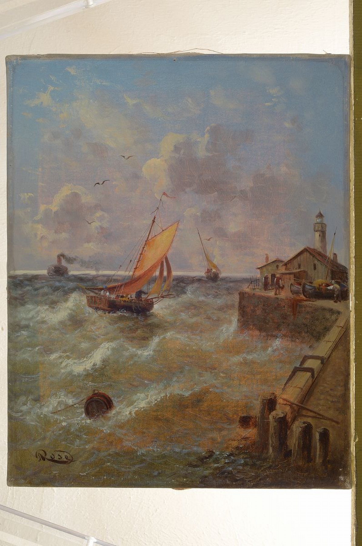 Detail k: Rose, Maler um 1900, Fischerboot auf stürmischer See vor dem Hafen, Öl/Lwd, links unten signiert, ca. 40x31cm