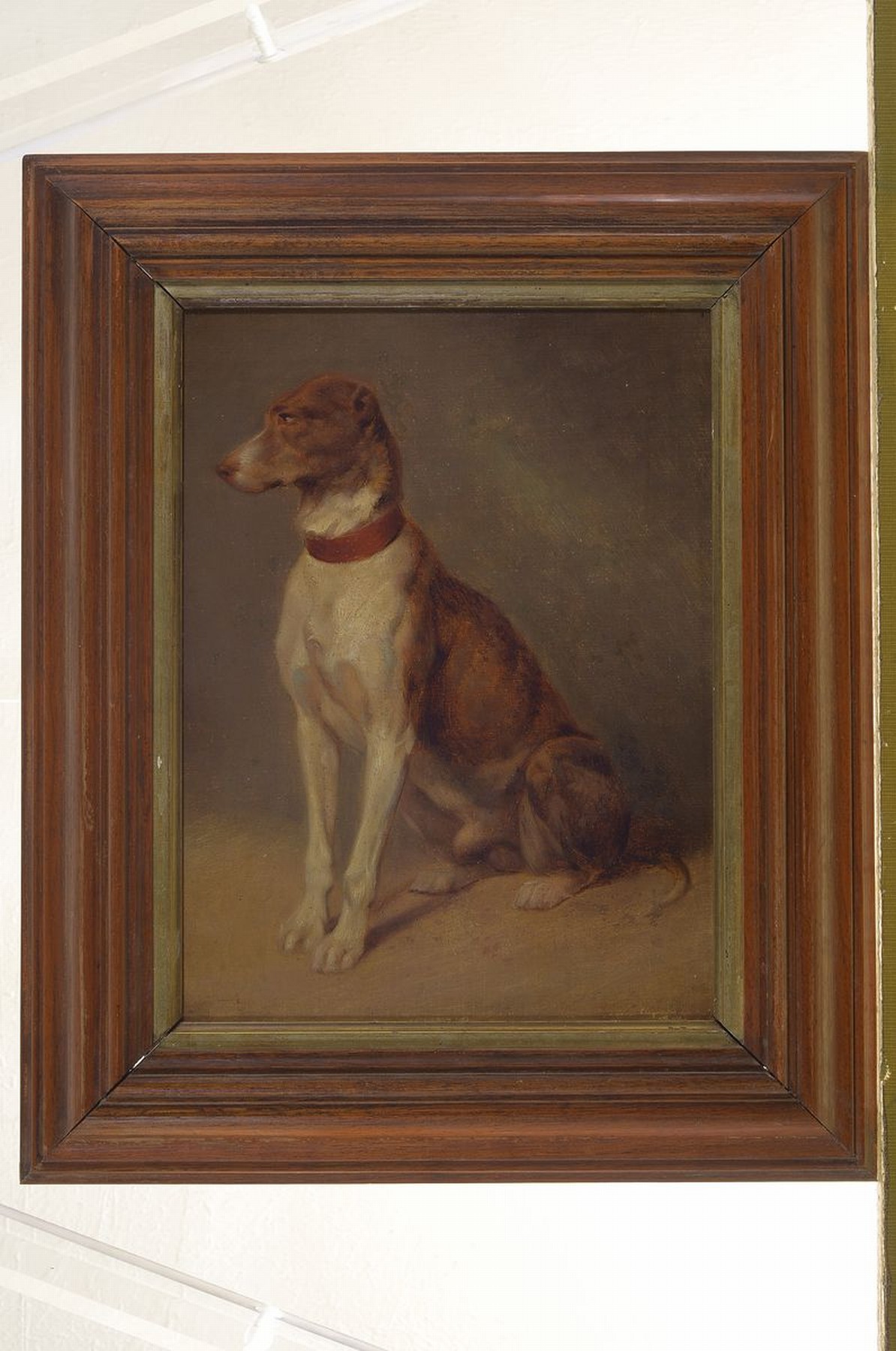 Detail k: Unbekannter Maler des 19. Jh., sitzender Hund, feine detaillierte Malerei, Öl/Hartfaserplatte, ca. 28x20cm, R. ca. 40x33cm