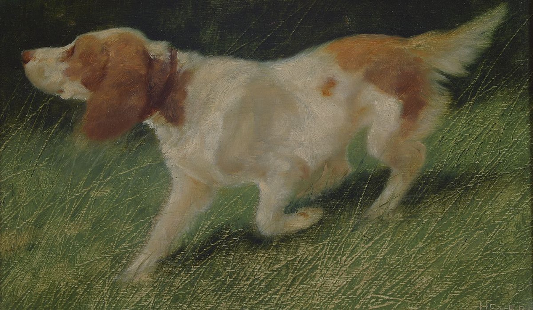 Arthur Heyer, 1872 Haarhausen-1931 Budapest, laufender Jagdhund, Öl/Holz, rechts unten signiert, ca. 17x29cm, R. ca. 28x40cm