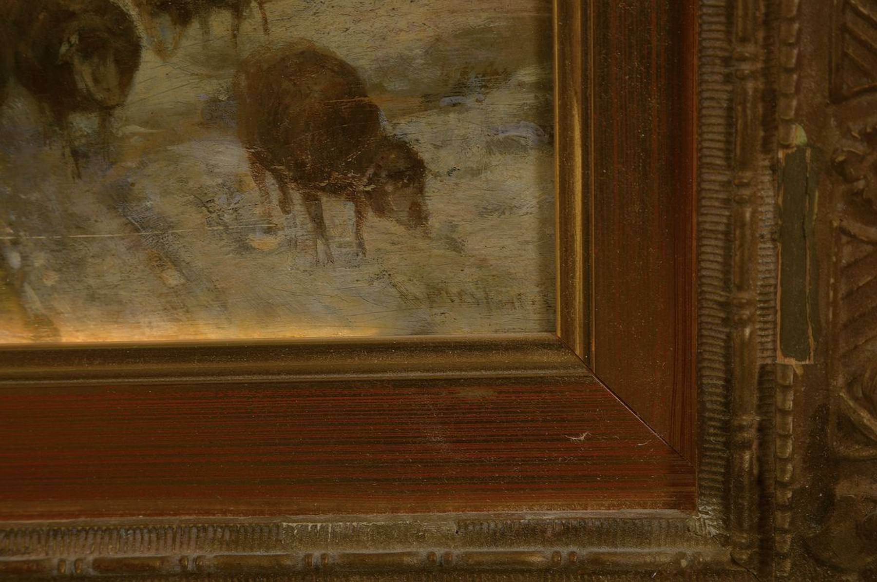 Detail a: Ernst Adolf Meissner, 1837 Dresden-1902 München, Schäfer mit seiner Herde in verschneiter Winterlandschaft, im Hintergrund Abendrot, Öl/Holz, ...