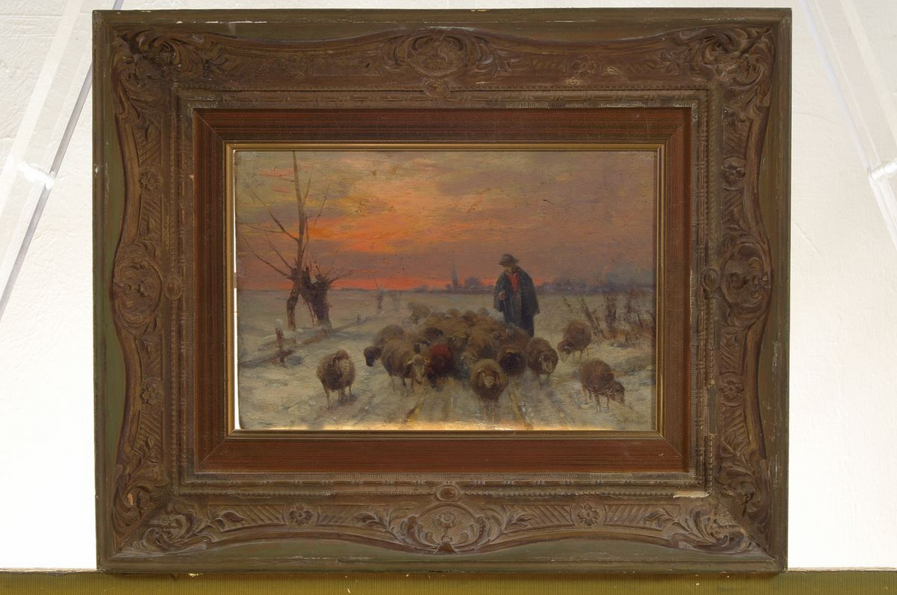 Detail k: Ernst Adolf Meissner, 1837 Dresden-1902 München, Schäfer mit seiner Herde in verschneiter Winterlandschaft, im Hintergrund Abendrot, Öl/Holz, ...