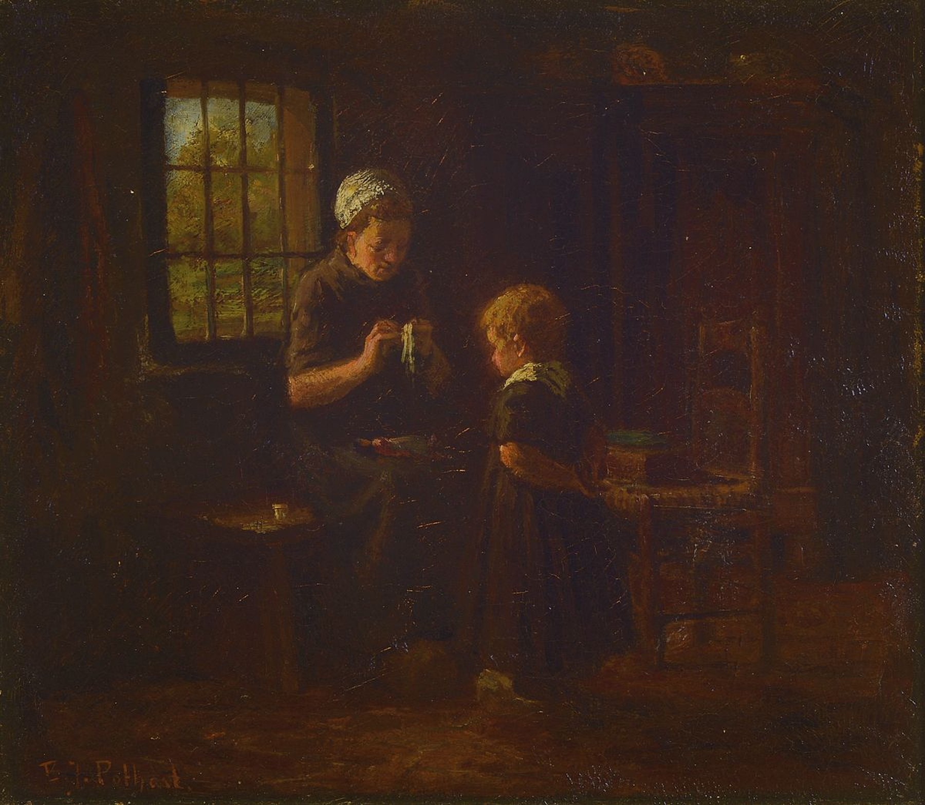 Bernard Pothast, 1882 Hal/Belgien-1966 Laren, Studium an der Akademie Amsterdam, hier: Interieur, die Mutter flickt die Puppe des Mädchens, Öl/Lwd, ...