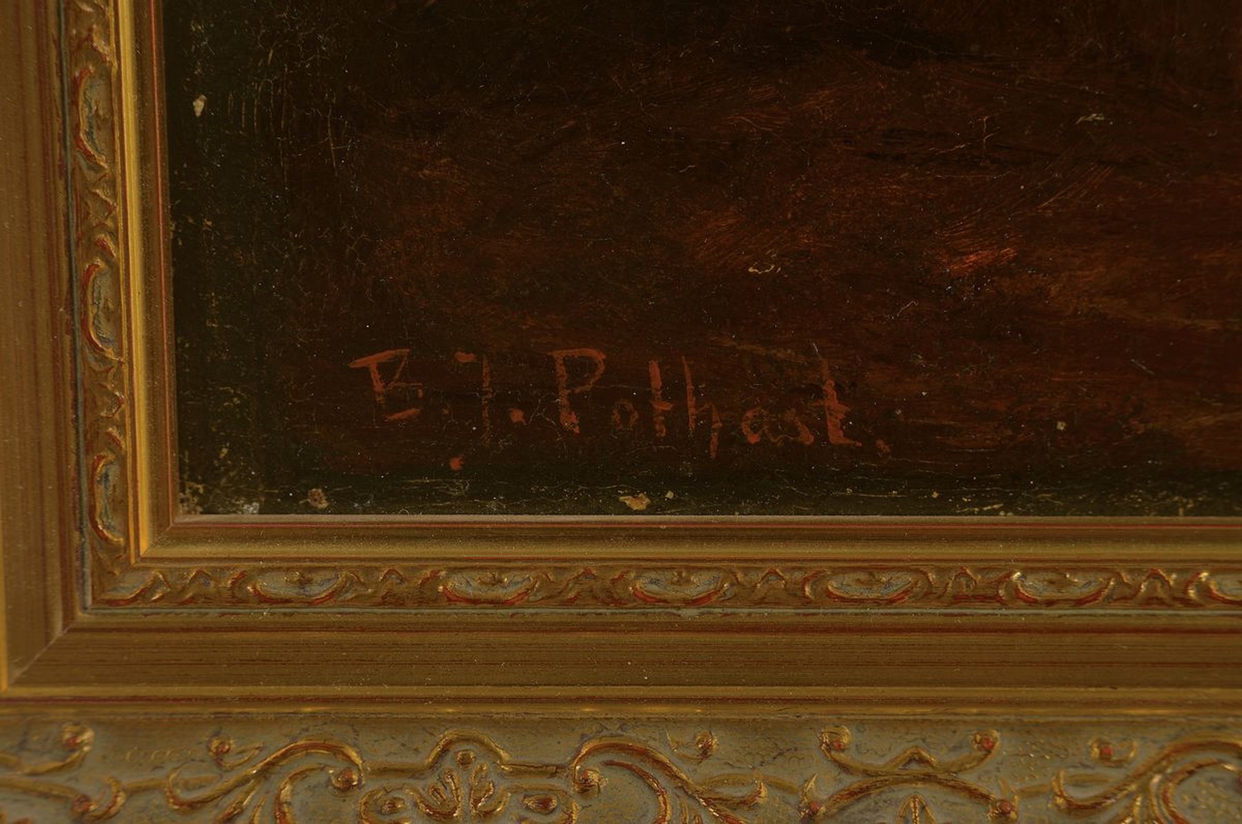 Detail a: Bernard Pothast, 1882 Hal/Belgien-1966 Laren, Studium an der Akademie Amsterdam, hier: Interieur, die Mutter flickt die Puppe des Mädchens, Öl/Lwd, ...