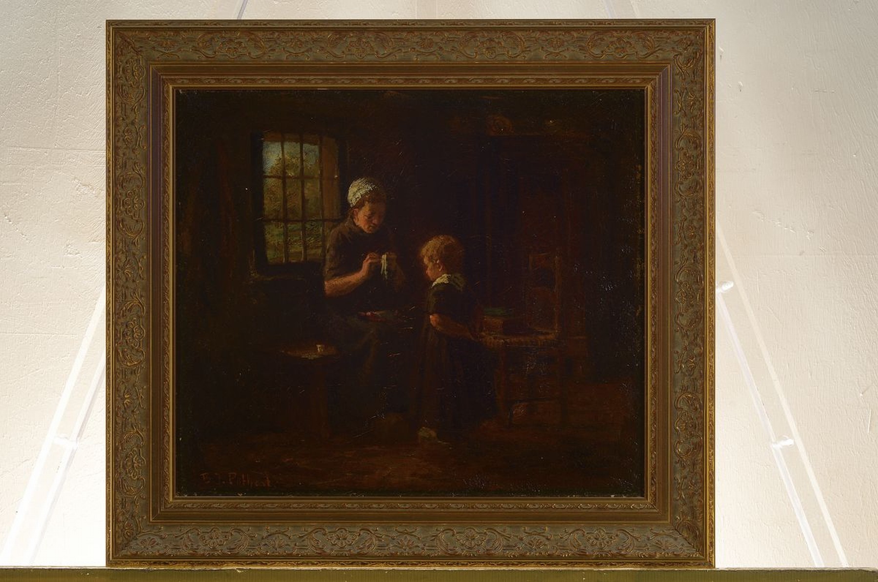 Detail k: Bernard Pothast, 1882 Hal/Belgien-1966 Laren, Studium an der Akademie Amsterdam, hier: Interieur, die Mutter flickt die Puppe des Mädchens, Öl/Lwd, ...